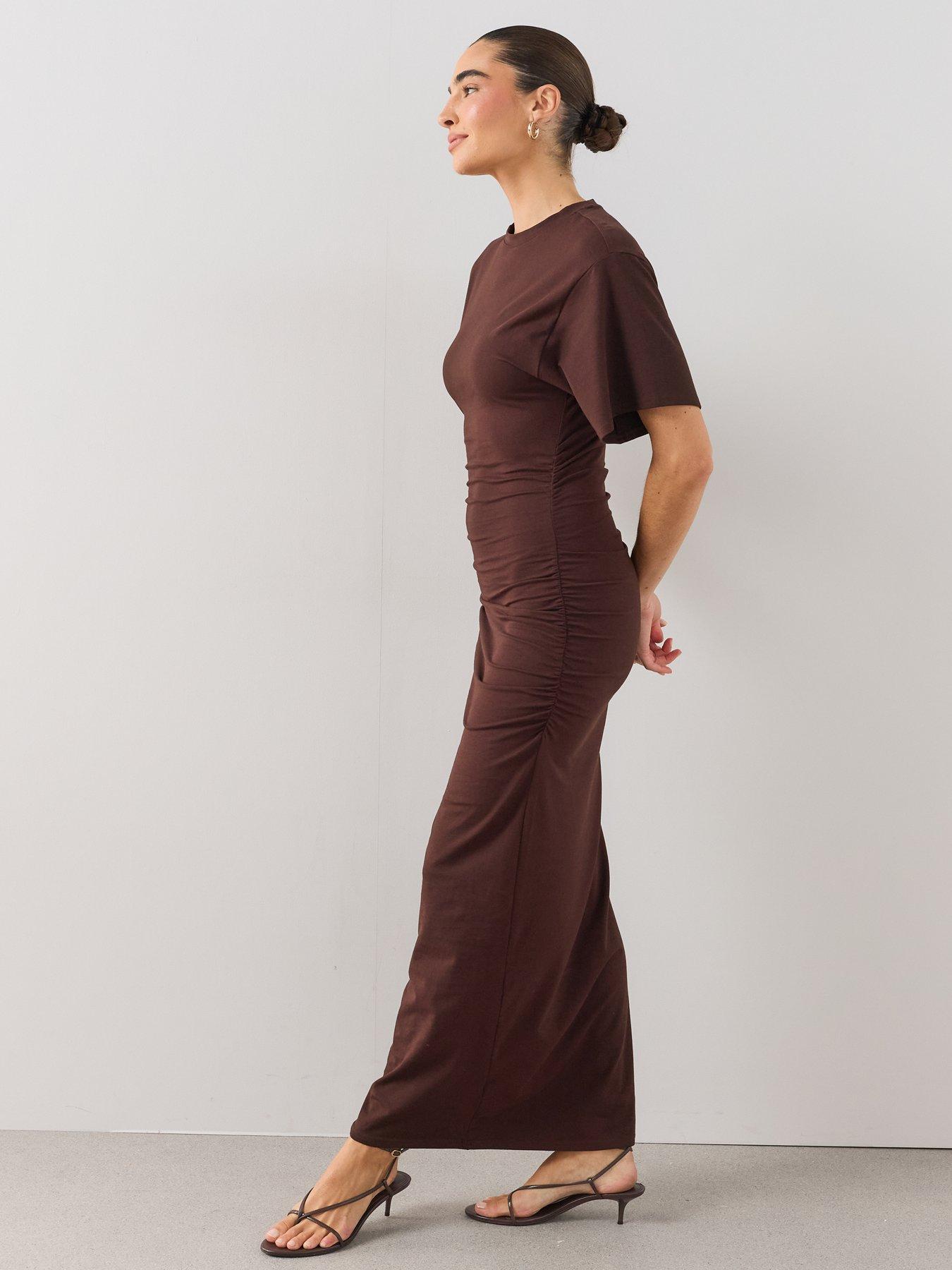 Image 3 of 6 of The Very Collection Draped Short Sleeve Midaxi Dress - Brown