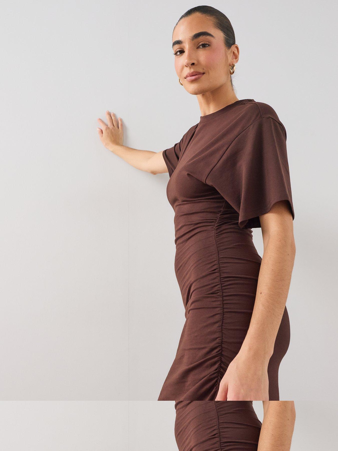 Image 4 of 6 of The Very Collection Draped Short Sleeve Midaxi Dress - Brown