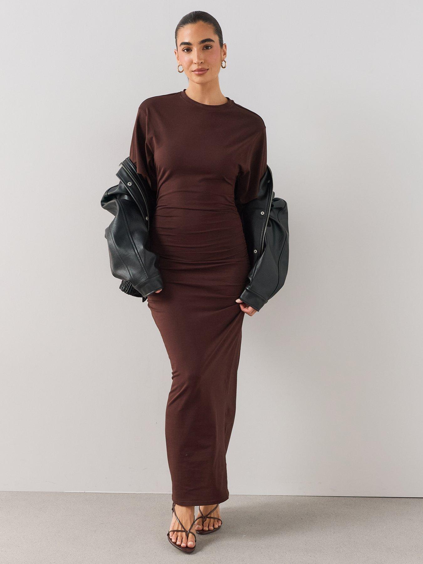 Image 5 of 6 of The Very Collection Draped Short Sleeve Midaxi Dress - Brown