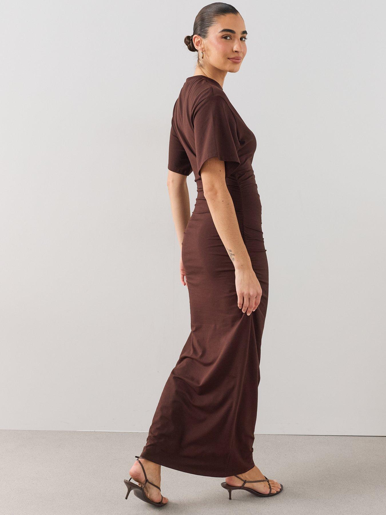 Image 6 of 6 of The Very Collection Draped Short Sleeve Midaxi Dress - Brown