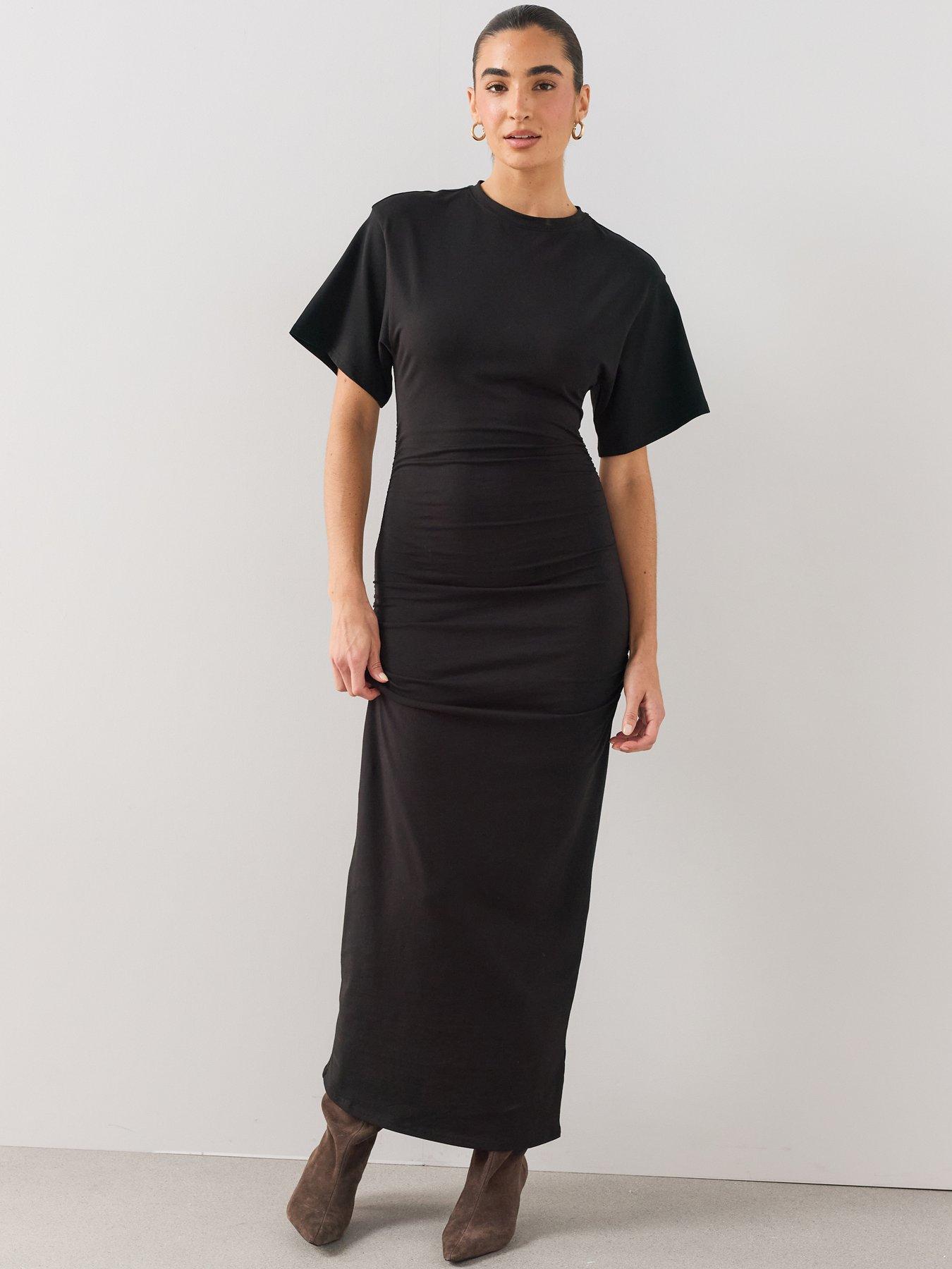 Image 1 of 6 of The Very Collection Draped Short Sleeve Midaxi Dress - Black