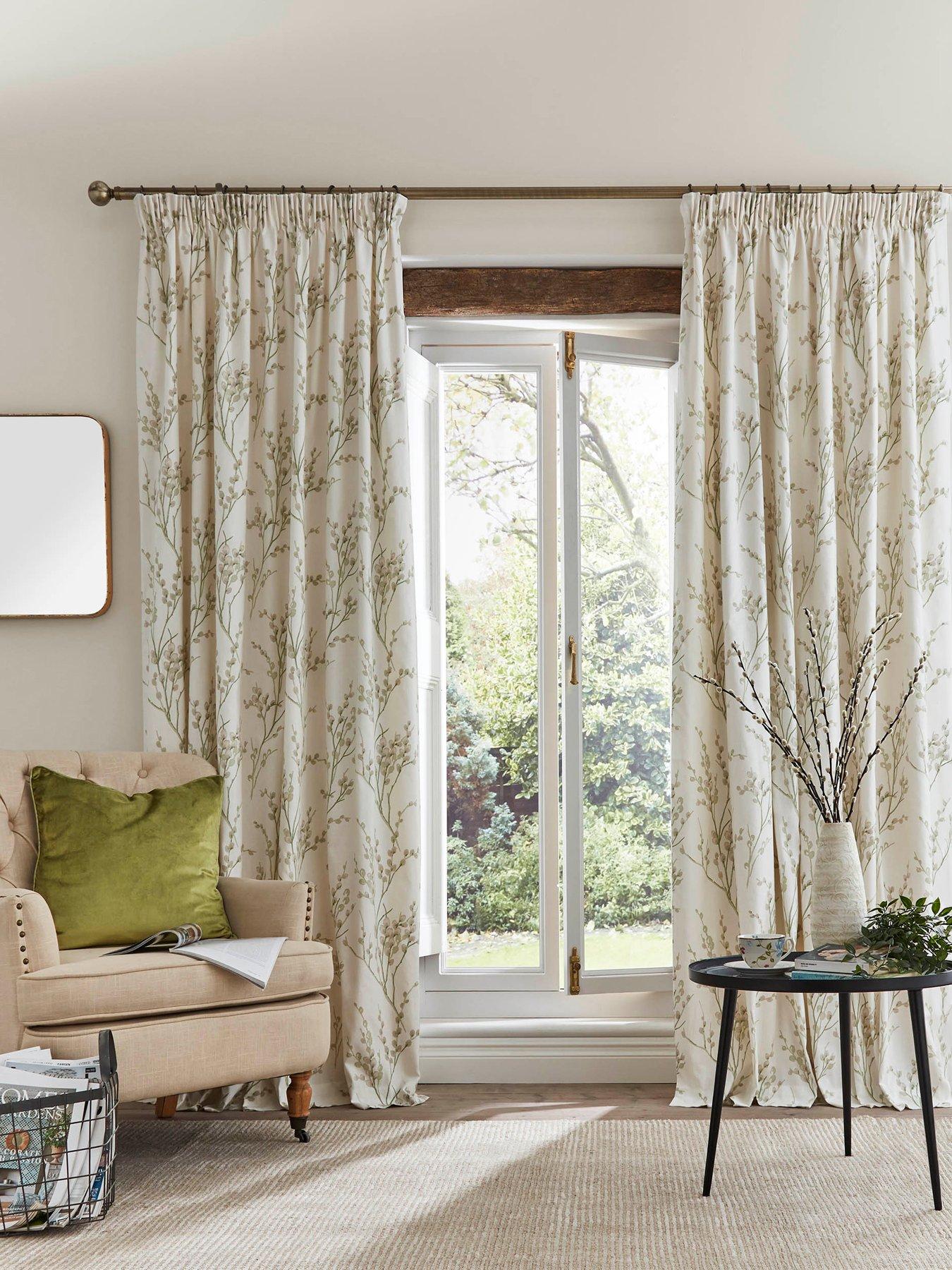 Laura Ashley Pussy Willow Lined Header Tape Curtains Off White-Hedgerow