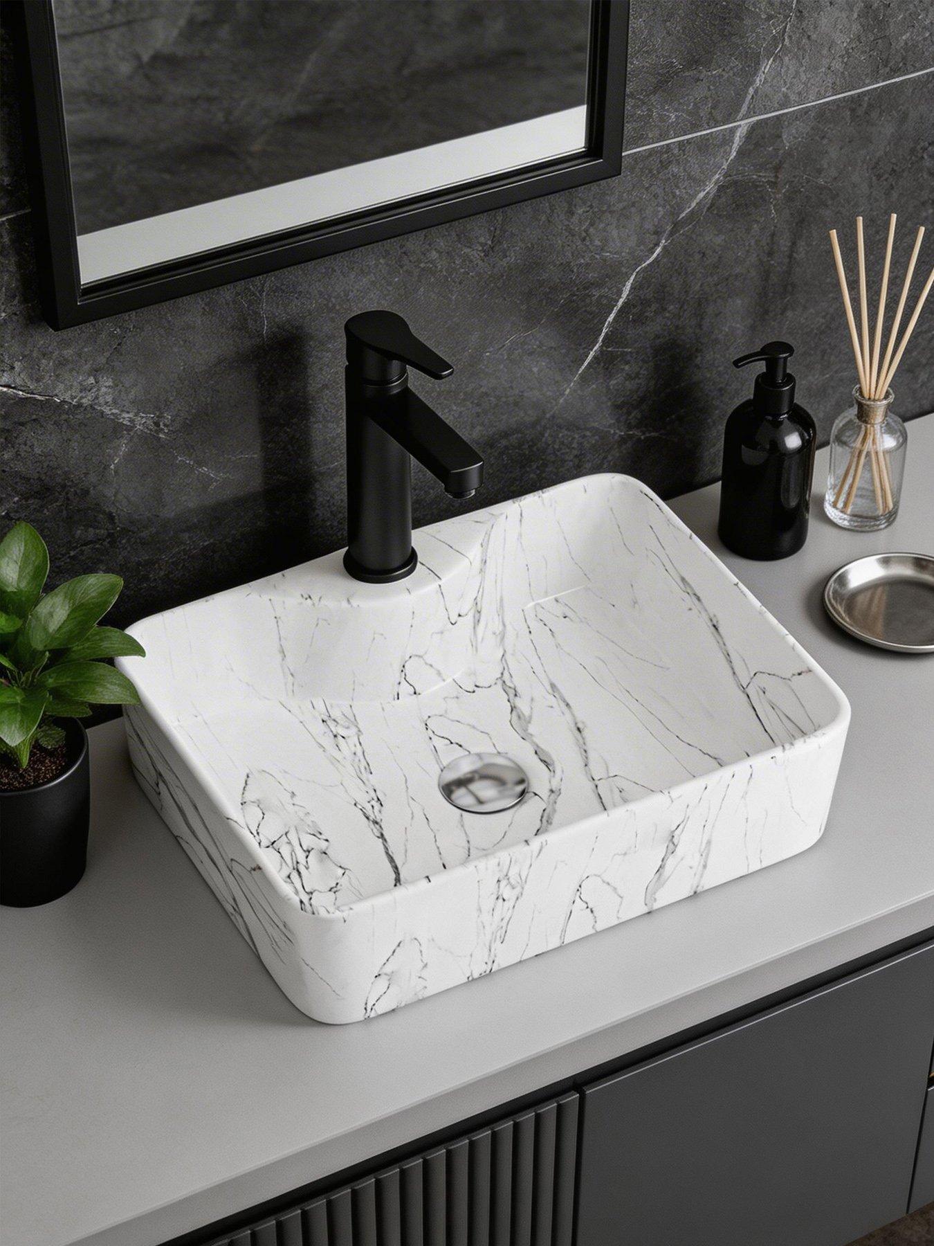 living-and-home-rectangular-white-ceramic-marble-effect-texture-countertop-basin-bathroom-sink-w-480mm-x-d-370mm