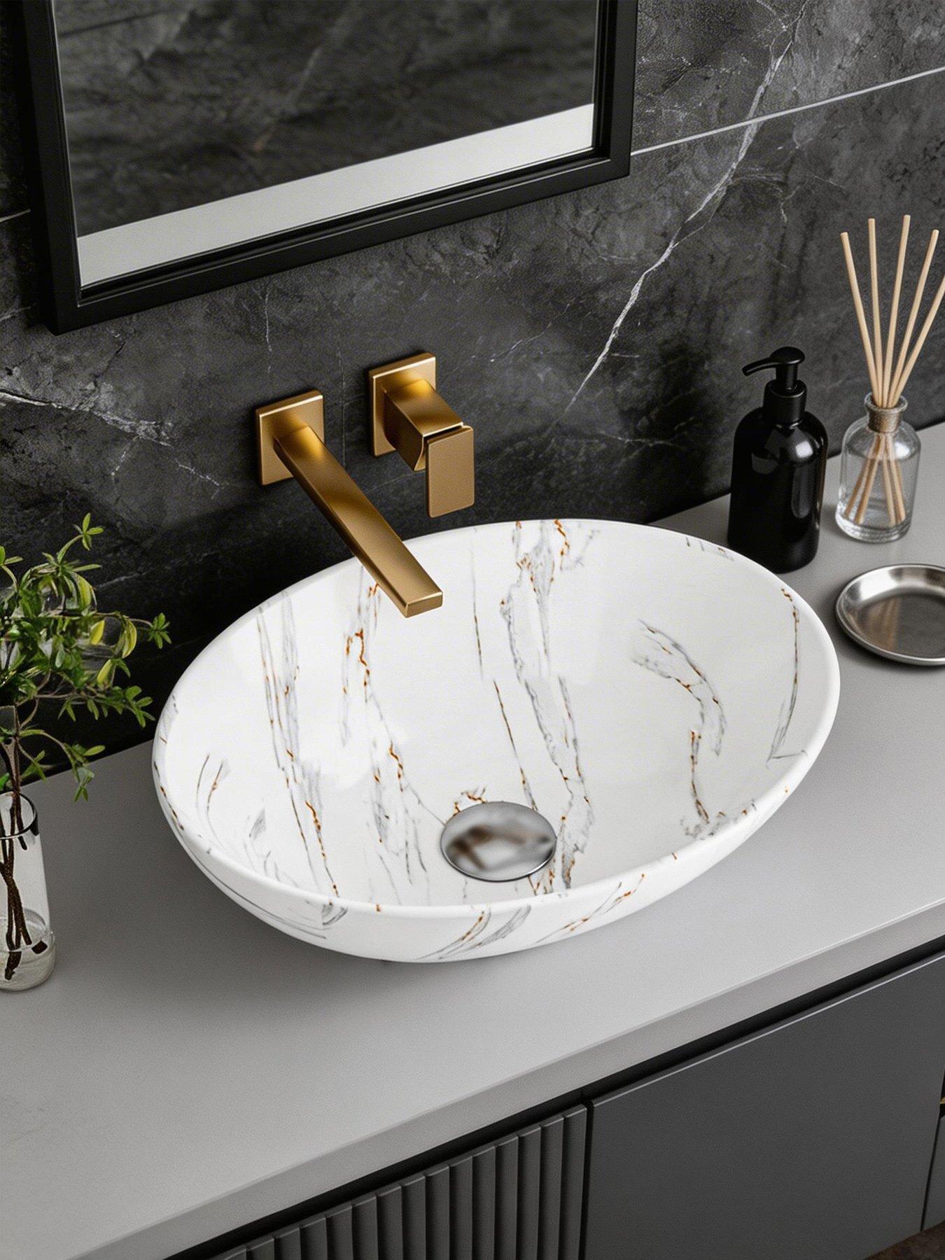 Living and Home Round White Ceramic Marble Effect Grey Texture Bathroom Countertop Basin Sink W 415mm X D 335mm