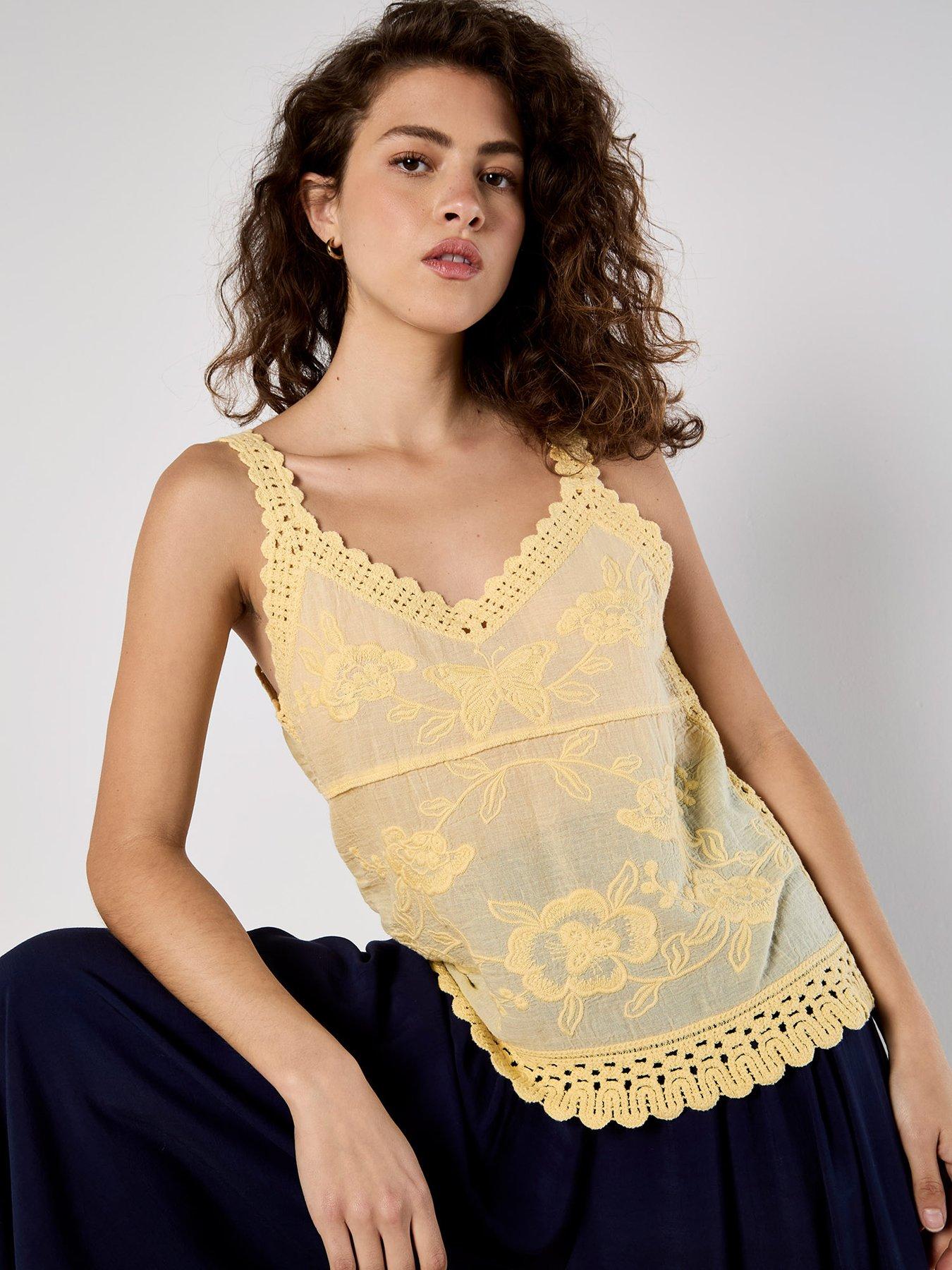 Image 3 of 4 of Apricot Embroidered Crochet Inserts Top - Yellow