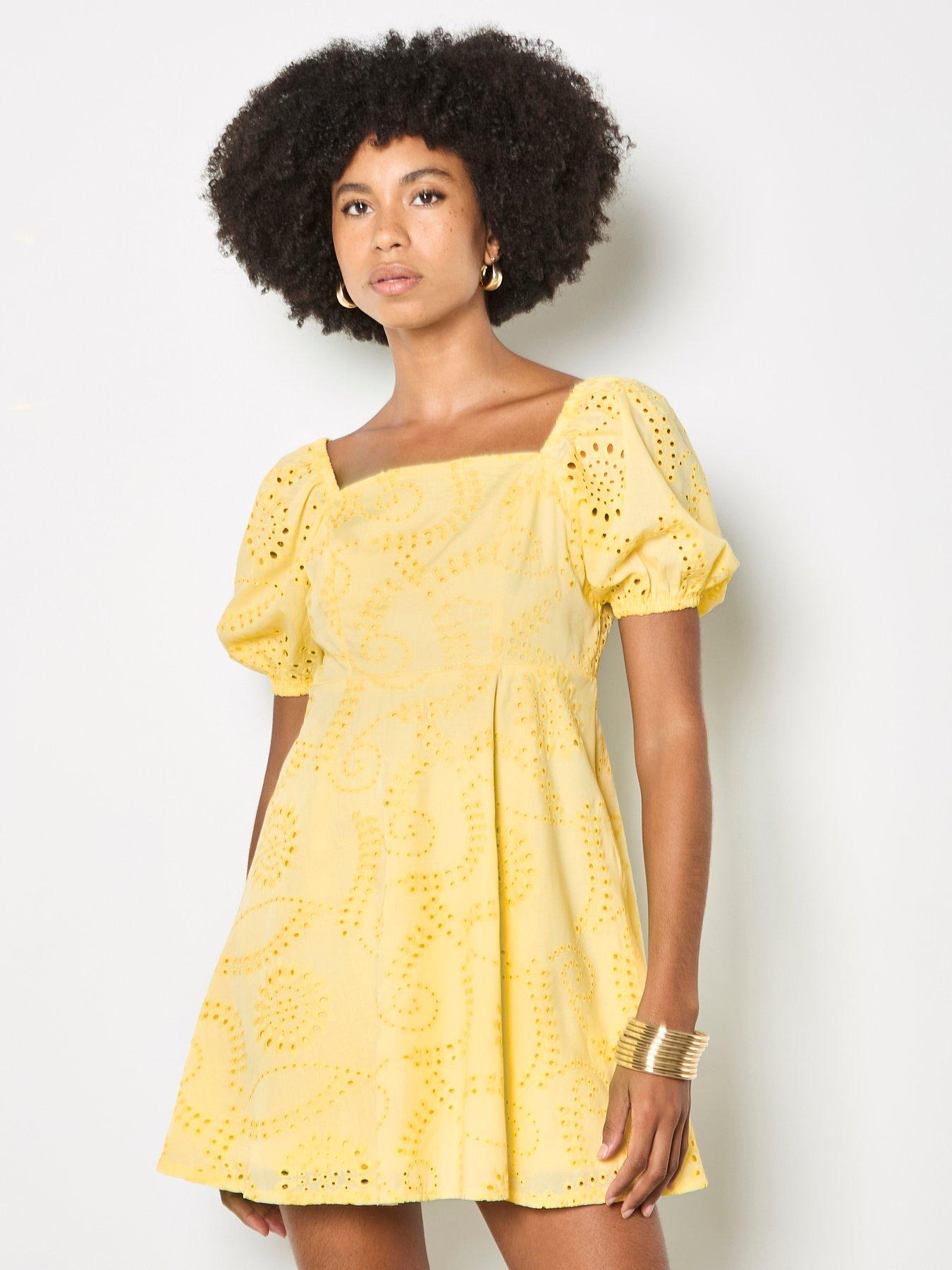 Apricot Square Neck Broderie Puff Sleeve Dress With Tie Back