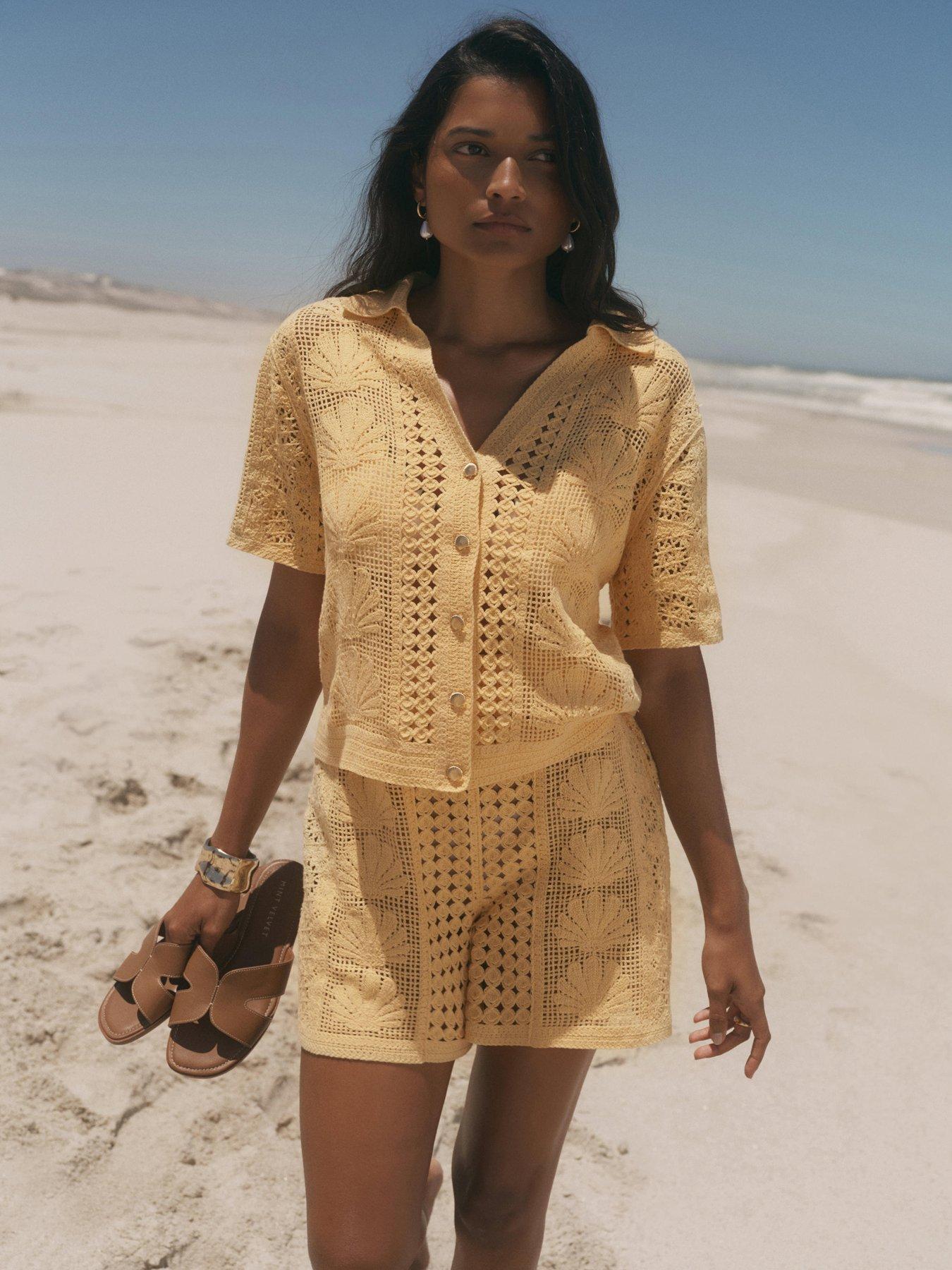 Image 1 of 6 of Mint Velvet Yellow Shell  Crochet Short