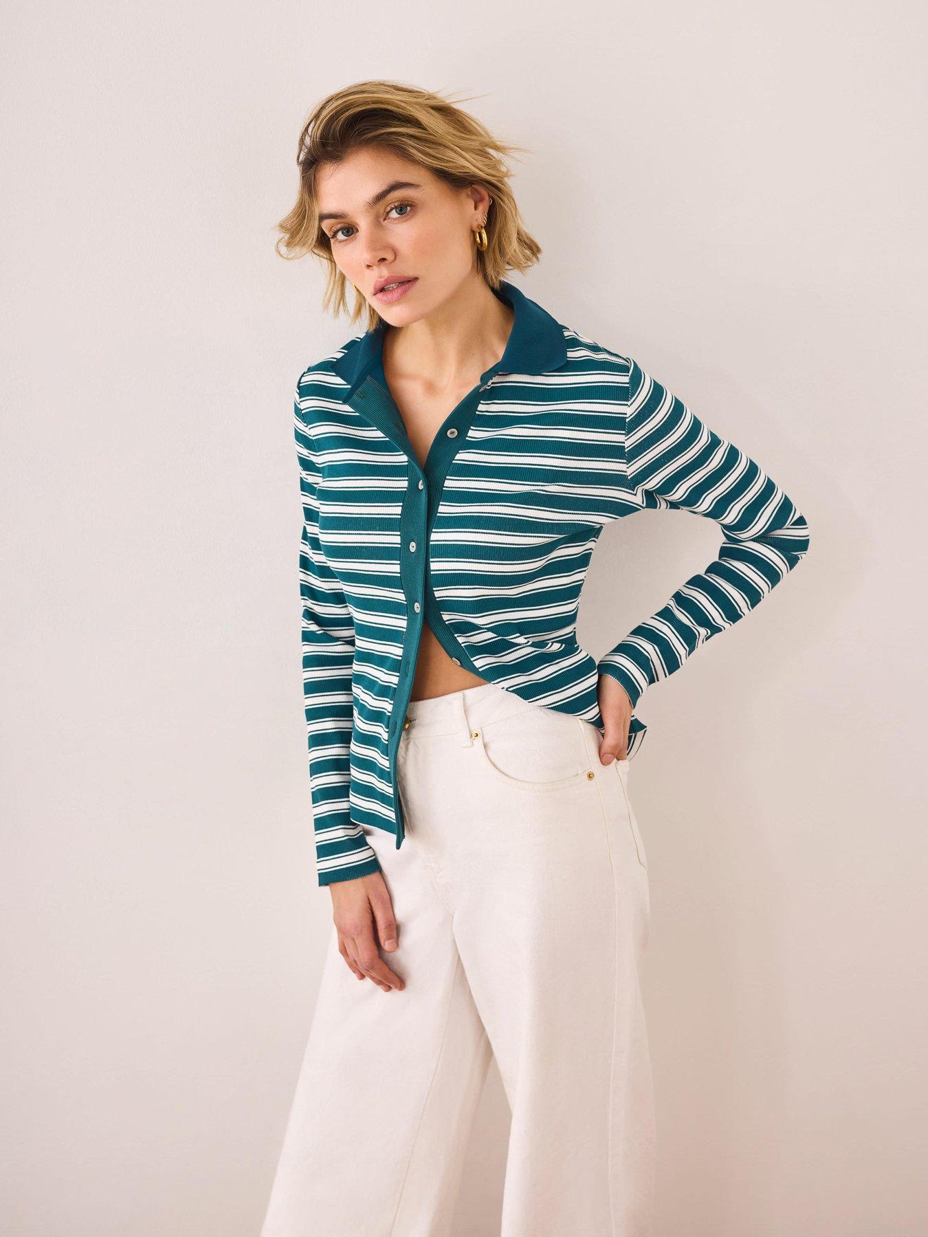 Image 1 of 6 of Mint Velvet Green Stripe Polo Top