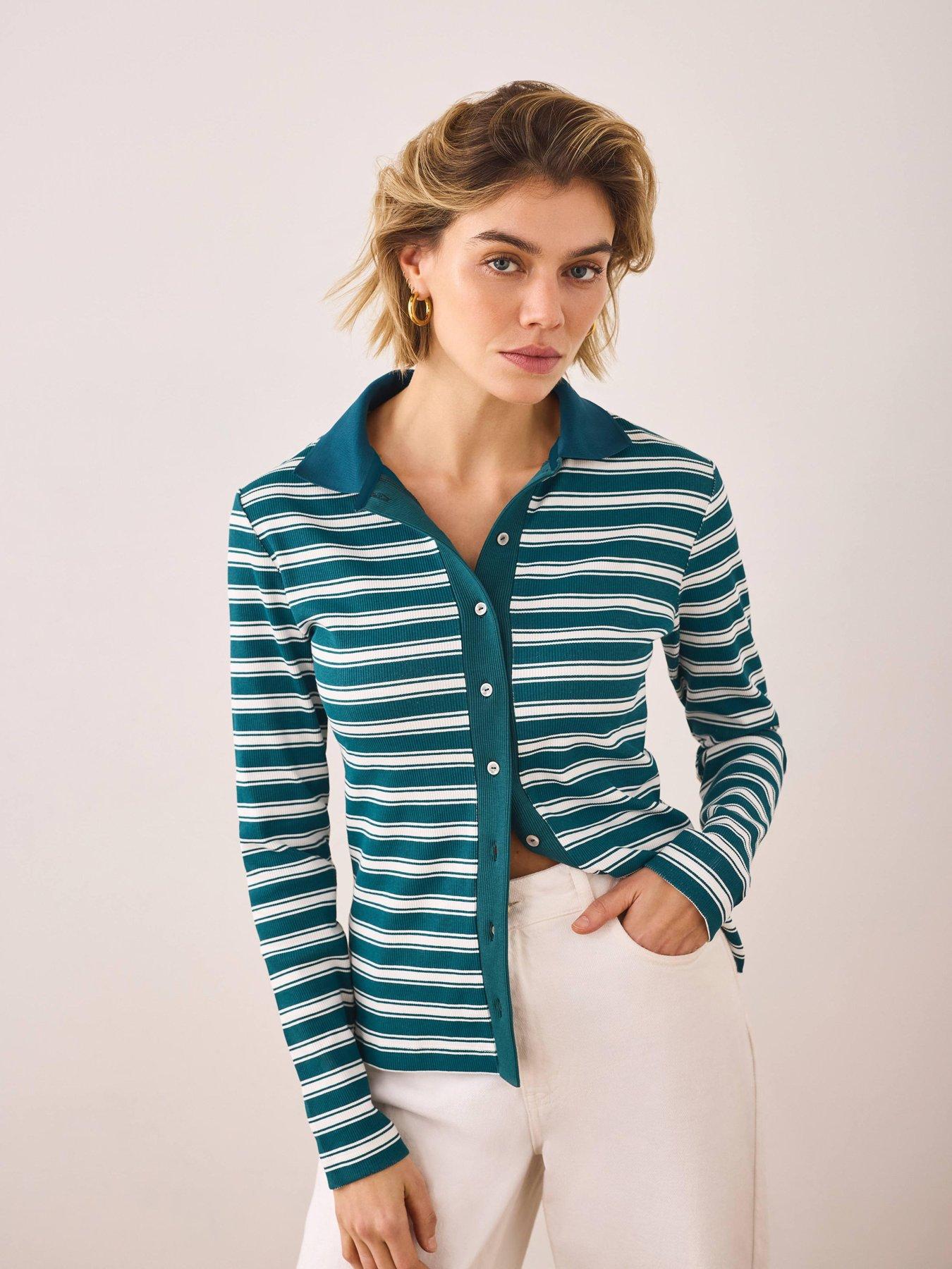 Image 2 of 6 of Mint Velvet Green Stripe Polo Top