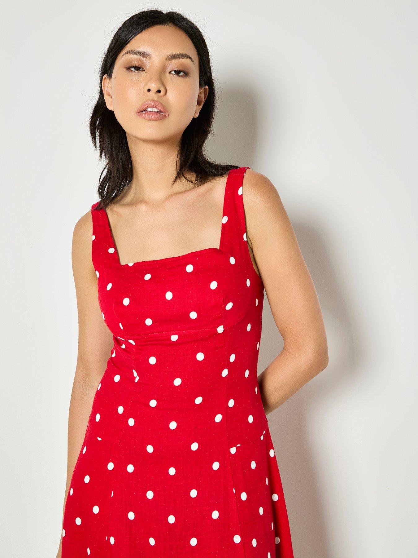 Image 1 of 4 of Apricot Polkadot Square Neck Midi Dress - Red