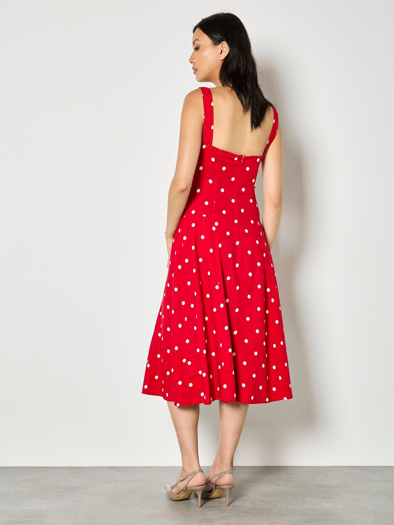 Image 2 of 4 of Apricot Polkadot Square Neck Midi Dress - Red