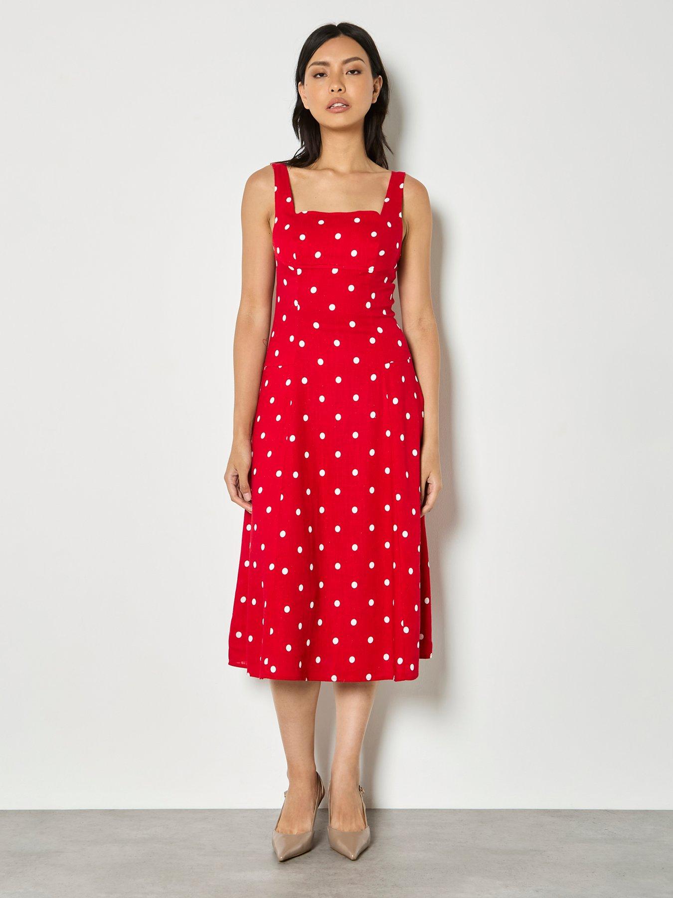 Image 3 of 4 of Apricot Polkadot Square Neck Midi Dress - Red