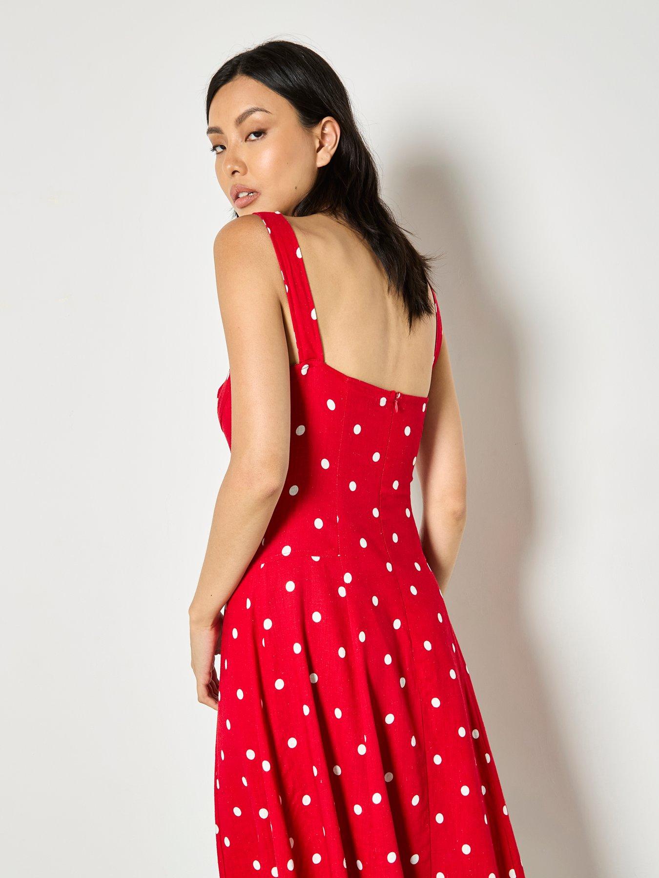 Image 4 of 4 of Apricot Polkadot Square Neck Midi Dress - Red