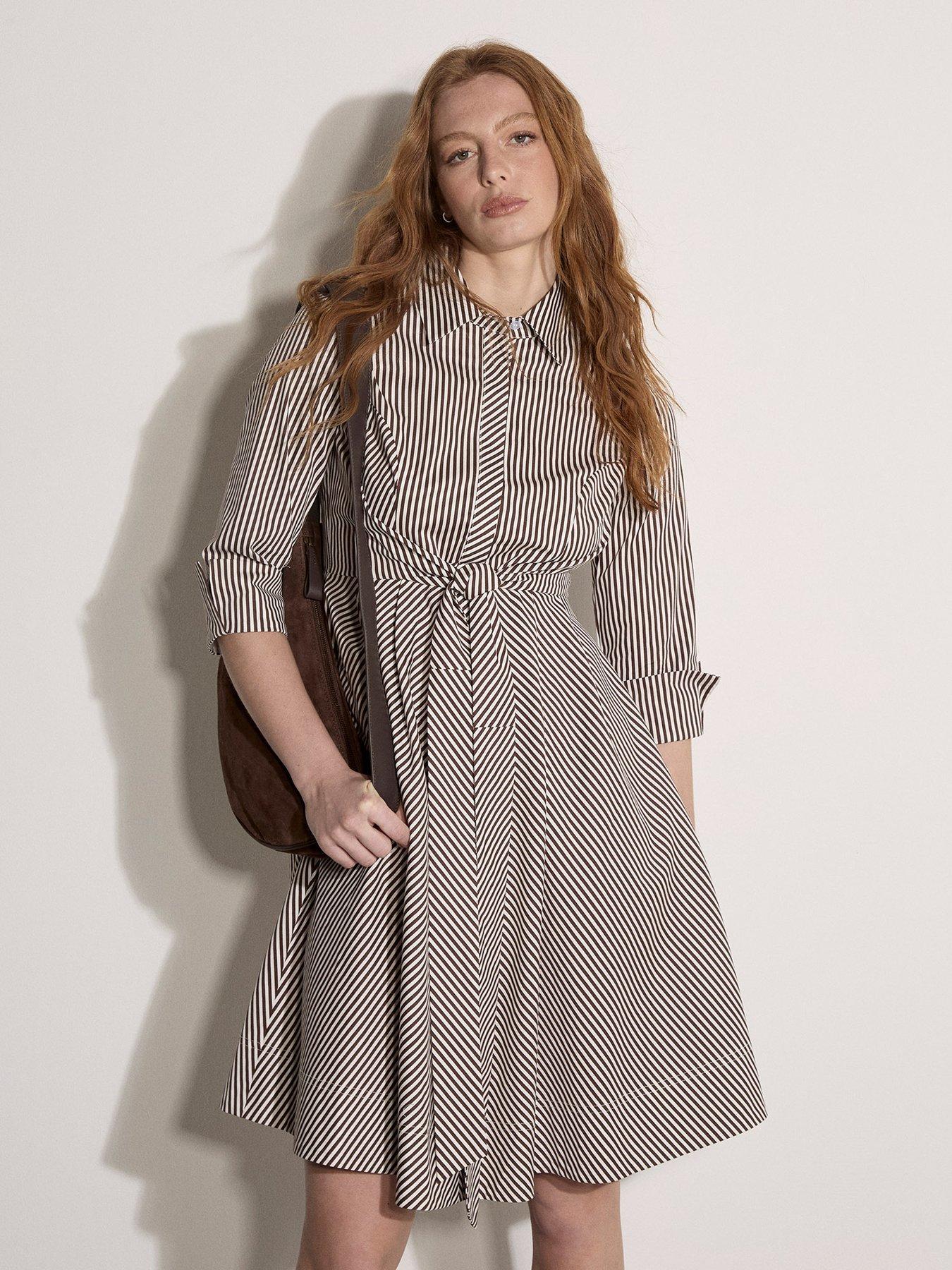 Apricot Striped Tie Front Mini Shirt Dress - Brown