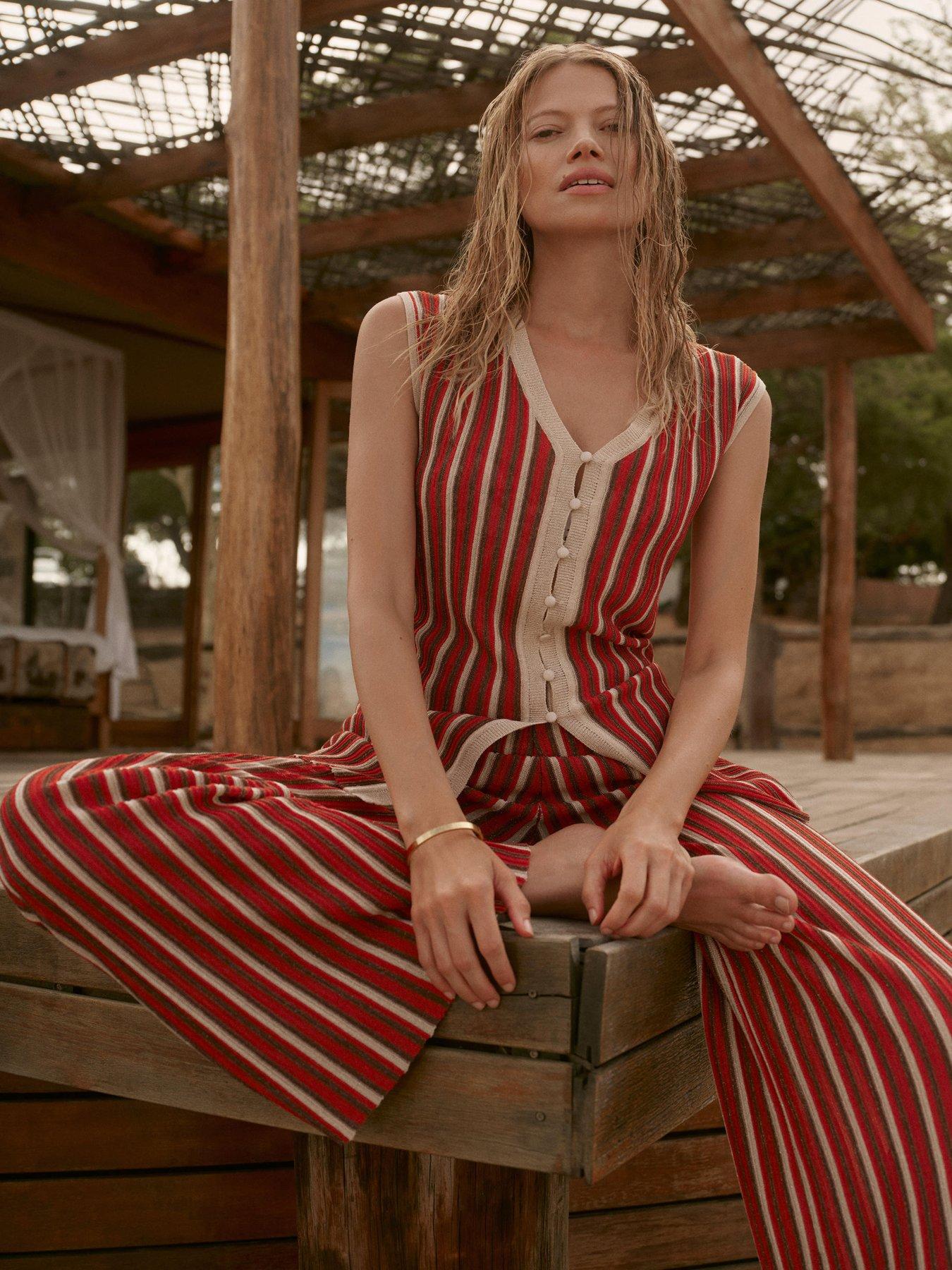 Mint Velvet Stripe Knit Trousers - Red