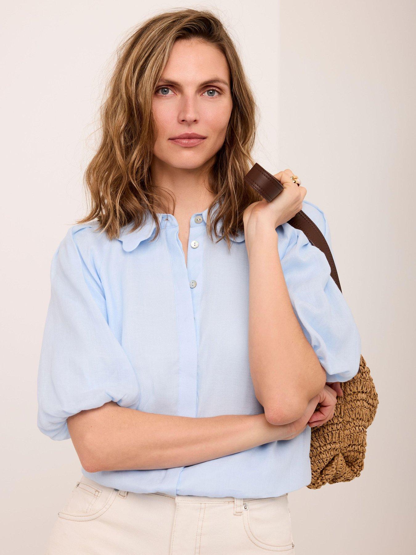 Image 3 of 6 of Mint Velvet Blue Ramie Puff Sleeve Top