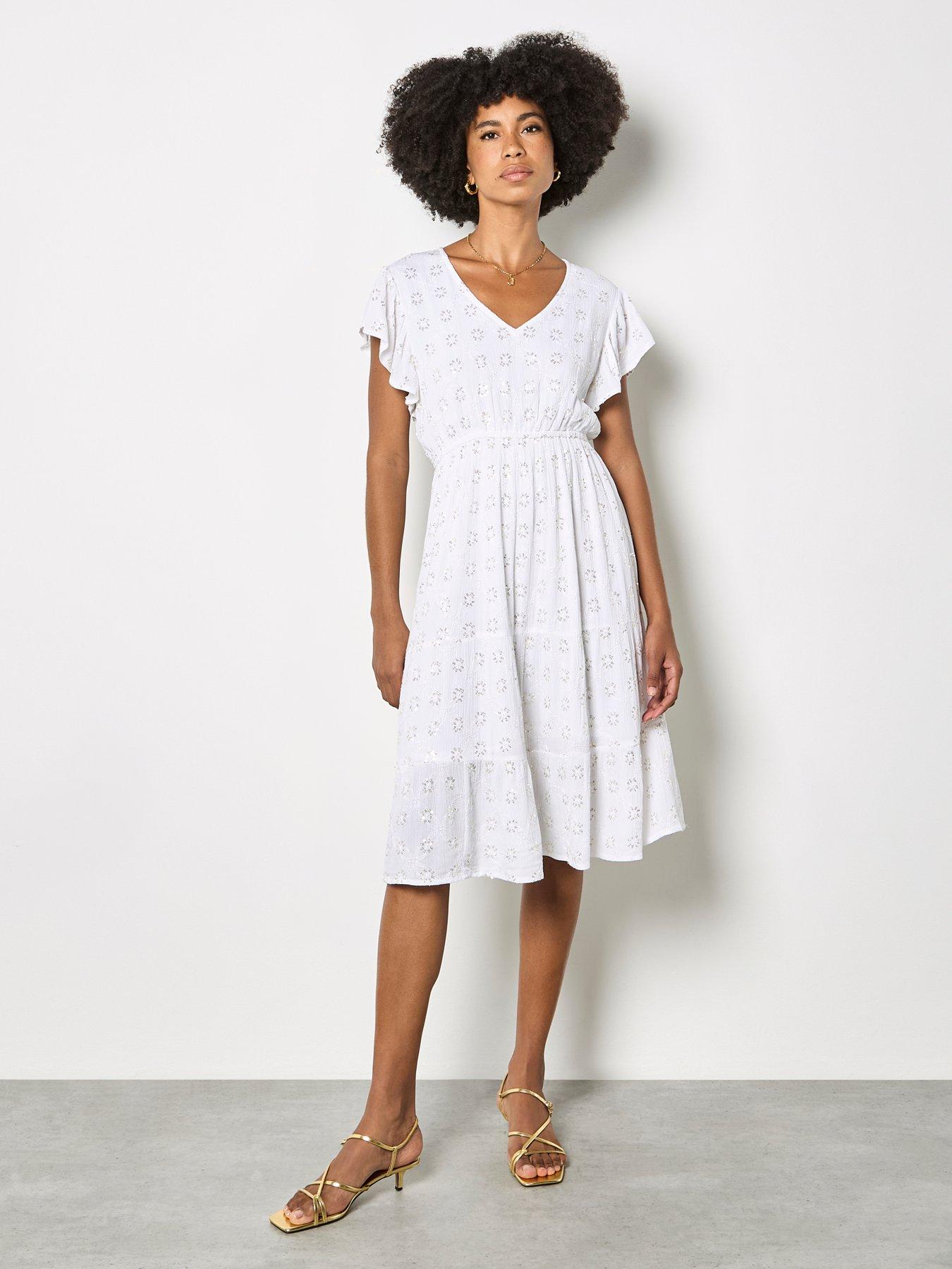 Apricot Sequin Flower Frill Sleeve Dress - White