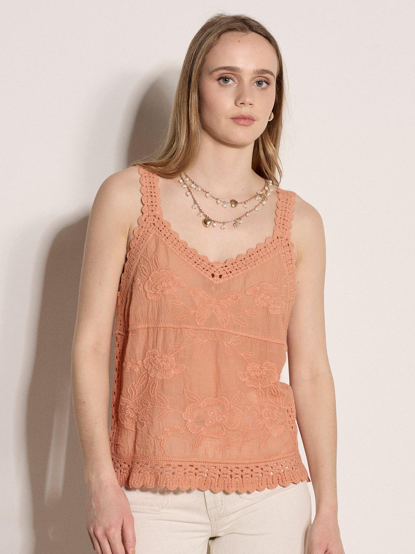 Apricot Embroidered Crochet Inserts Top - Orange