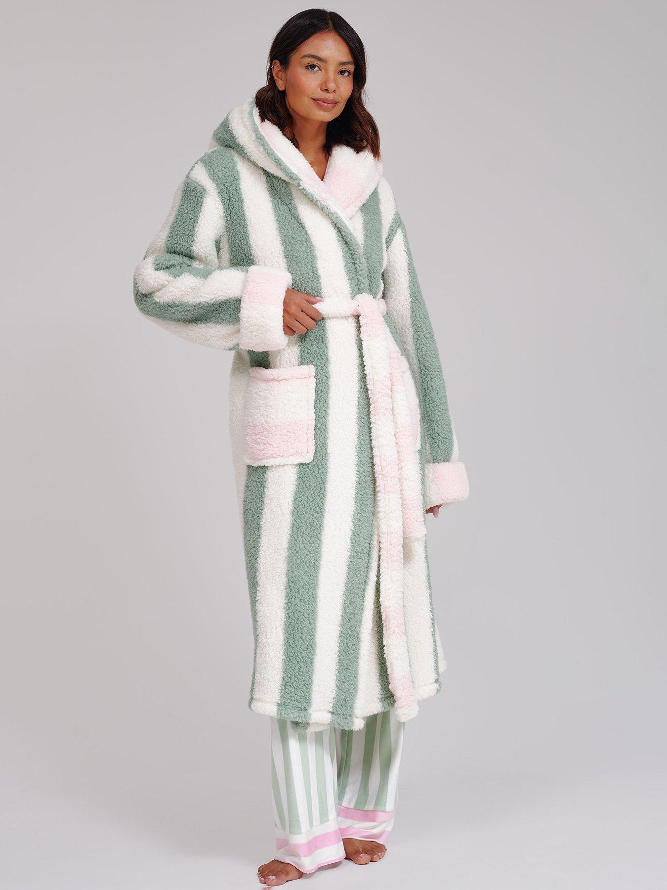 Image 1 of 6 of Loungeable Sherpa Stripe Hooded Midi Dressing Gown - Multi