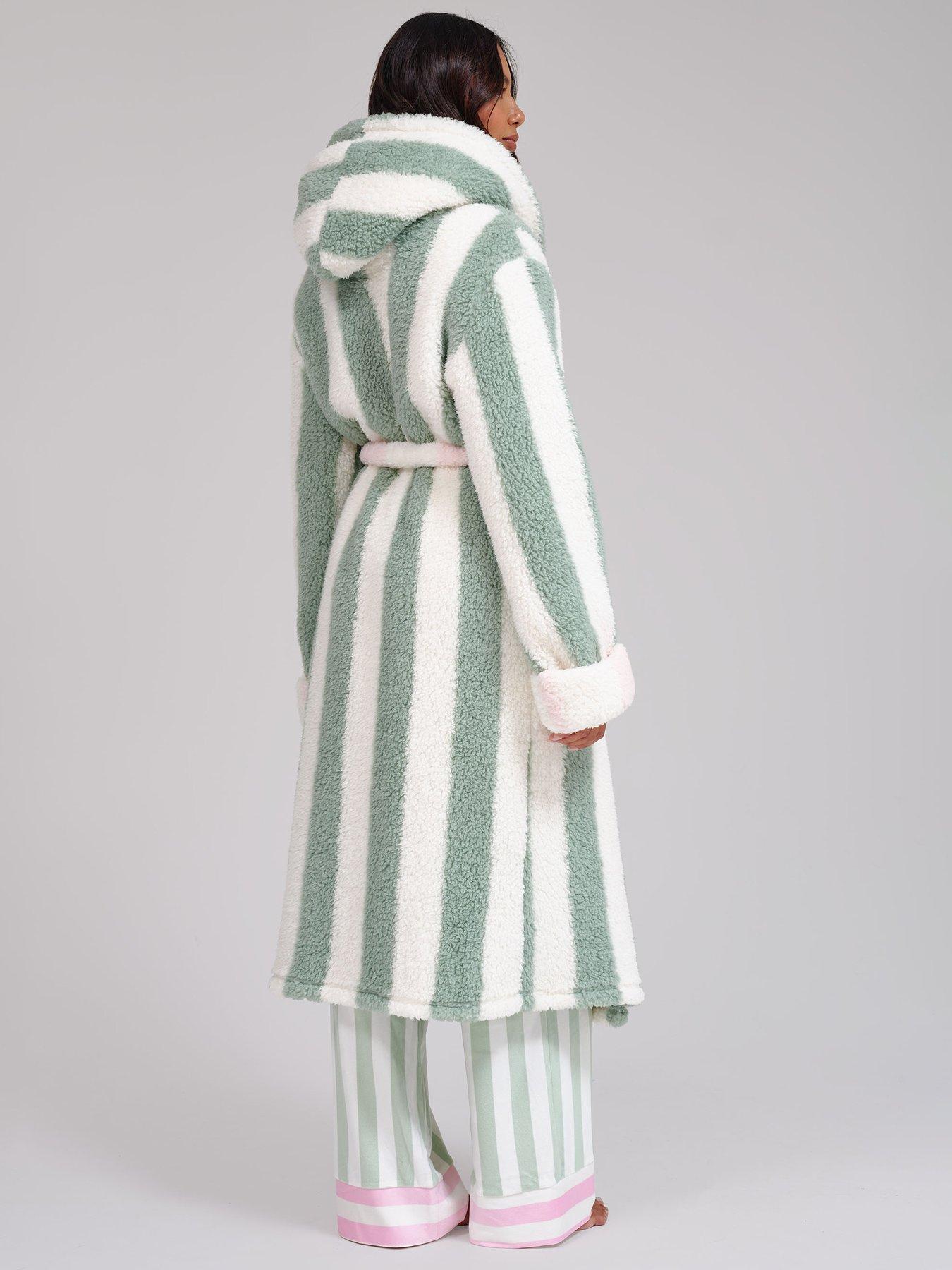 Image 2 of 6 of Loungeable Sherpa Stripe Hooded Midi Dressing Gown - Multi