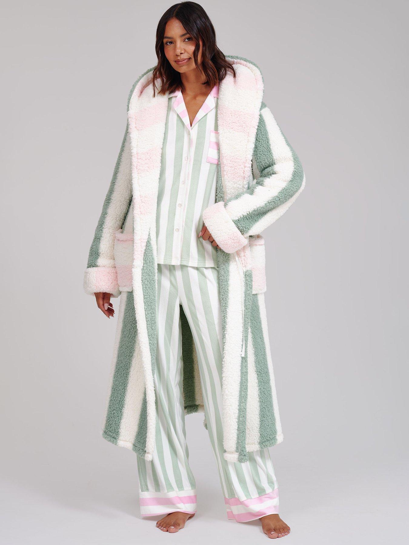 Image 3 of 6 of Loungeable Sherpa Stripe Hooded Midi Dressing Gown - Multi