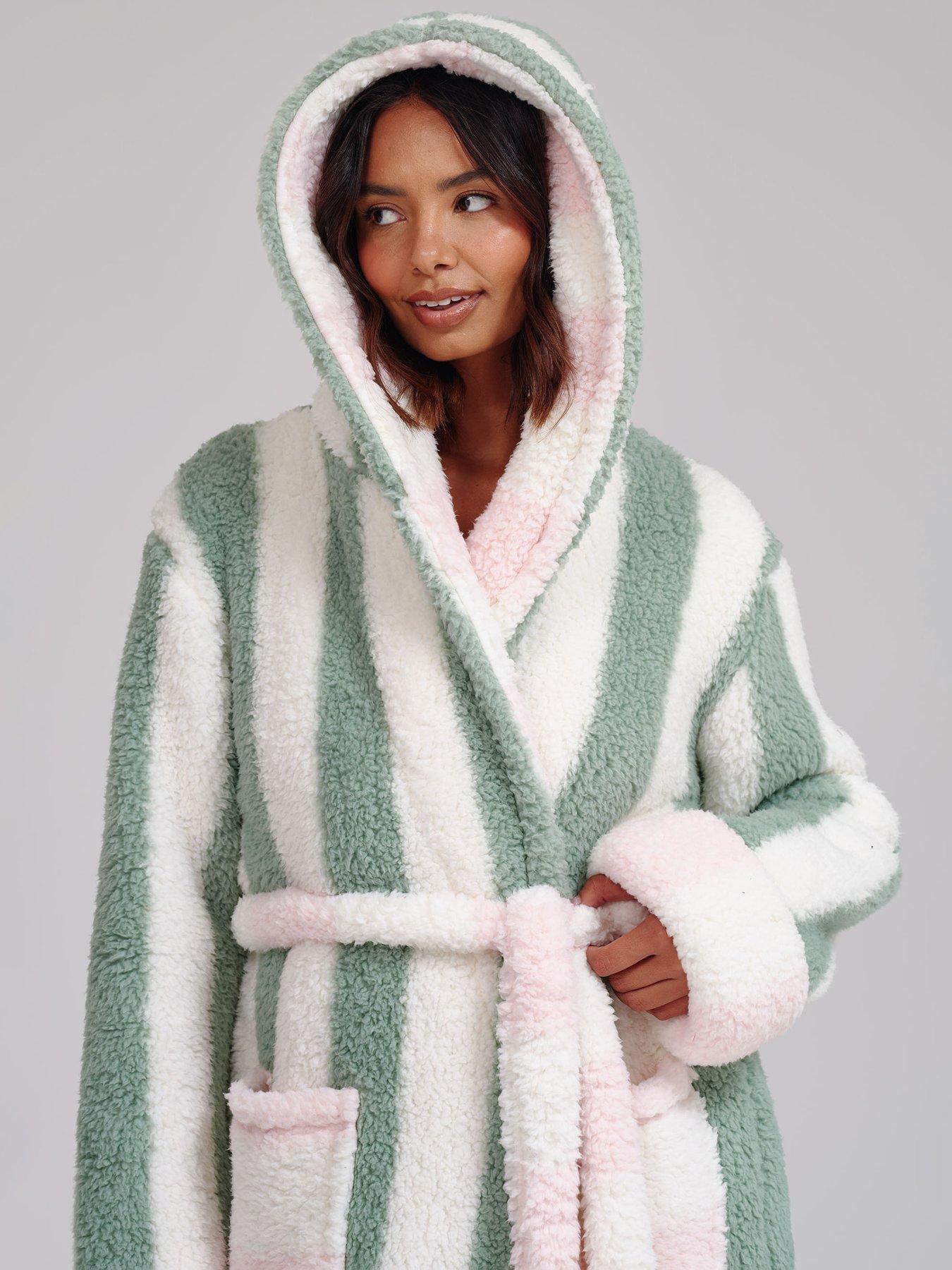 Image 4 of 6 of Loungeable Sherpa Stripe Hooded Midi Dressing Gown - Multi