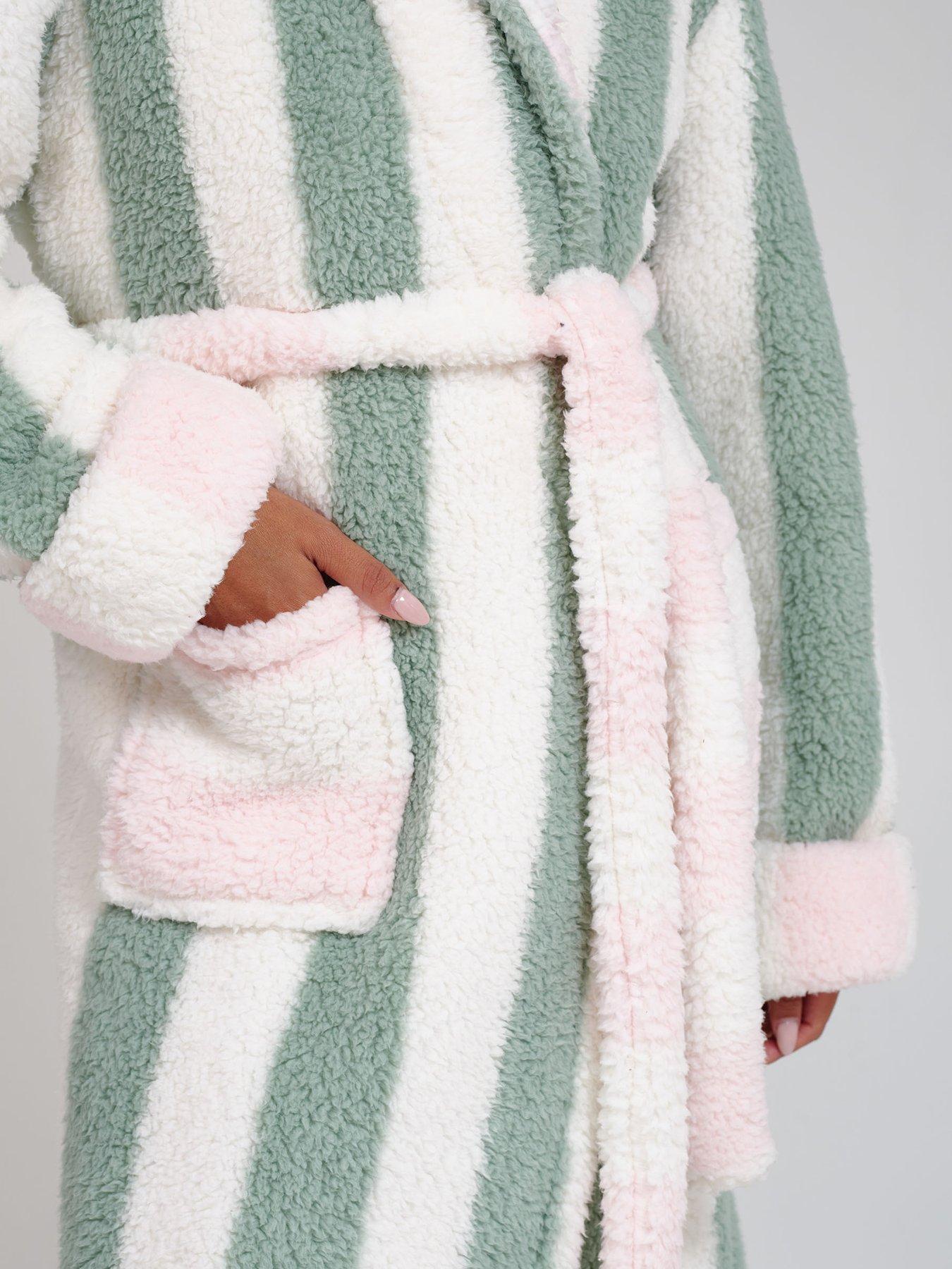 Image 5 of 6 of Loungeable Sherpa Stripe Hooded Midi Dressing Gown - Multi