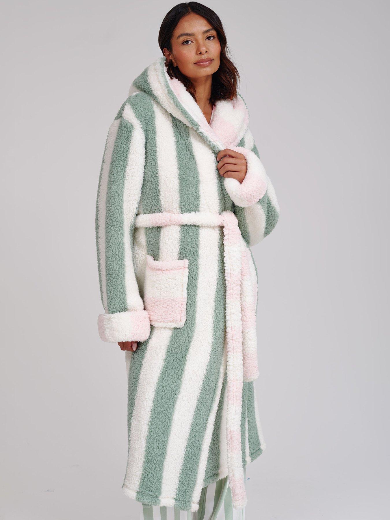 Image 6 of 6 of Loungeable Sherpa Stripe Hooded Midi Dressing Gown - Multi