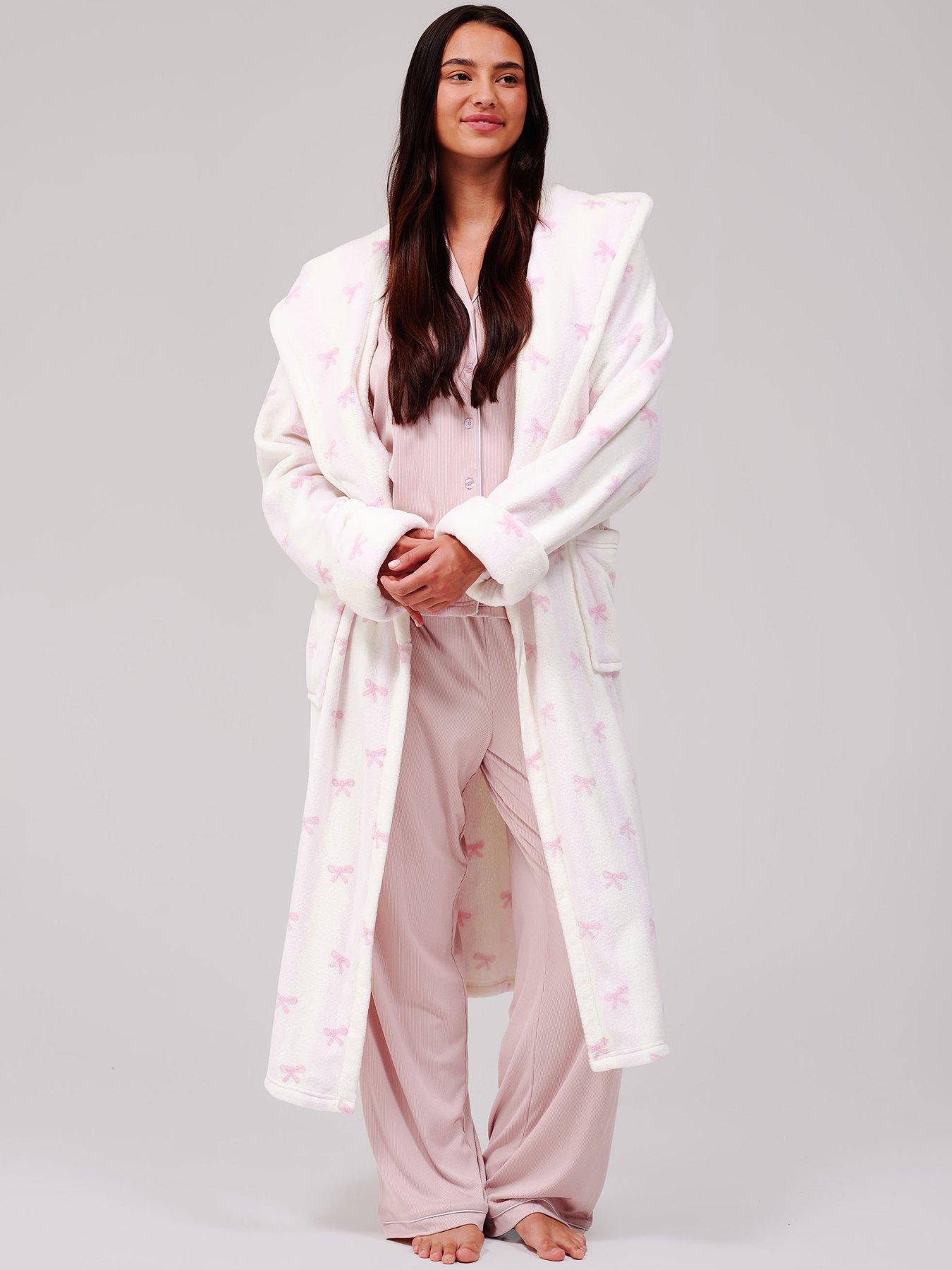 Image 1 of 6 of Loungeable Striped Bow Luxury Fleece Midi Hooded Dressing Gown - Pink