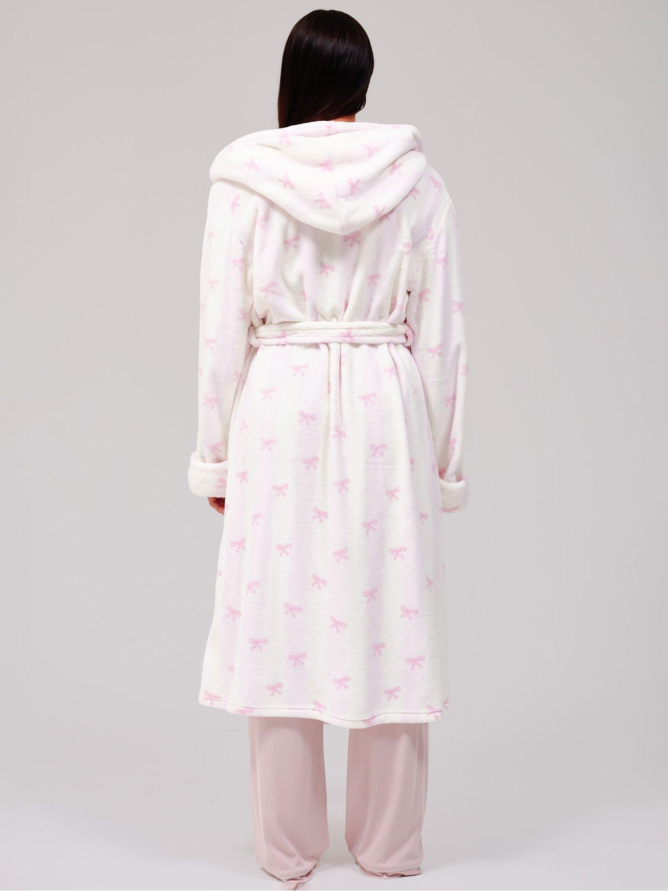 Image 2 of 6 of Loungeable Striped Bow Luxury Fleece Midi Hooded Dressing Gown - Pink