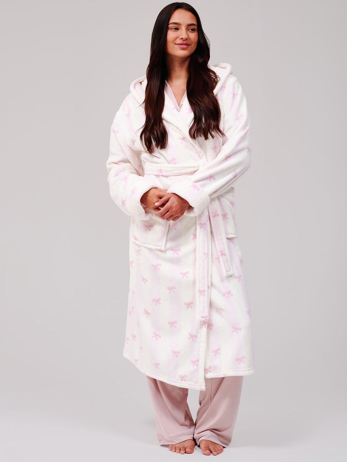 Image 3 of 6 of Loungeable Striped Bow Luxury Fleece Midi Hooded Dressing Gown - Pink