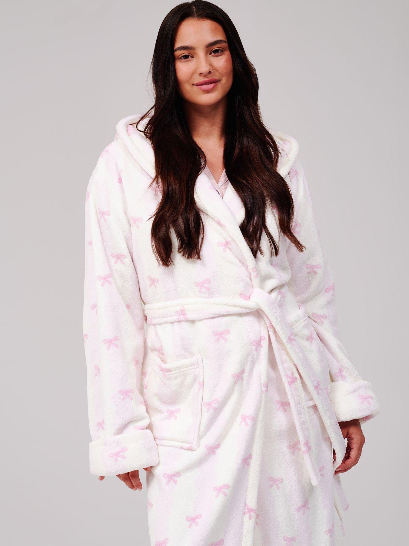 Image 4 of 6 of Loungeable Striped Bow Luxury Fleece Midi Hooded Dressing Gown - Pink