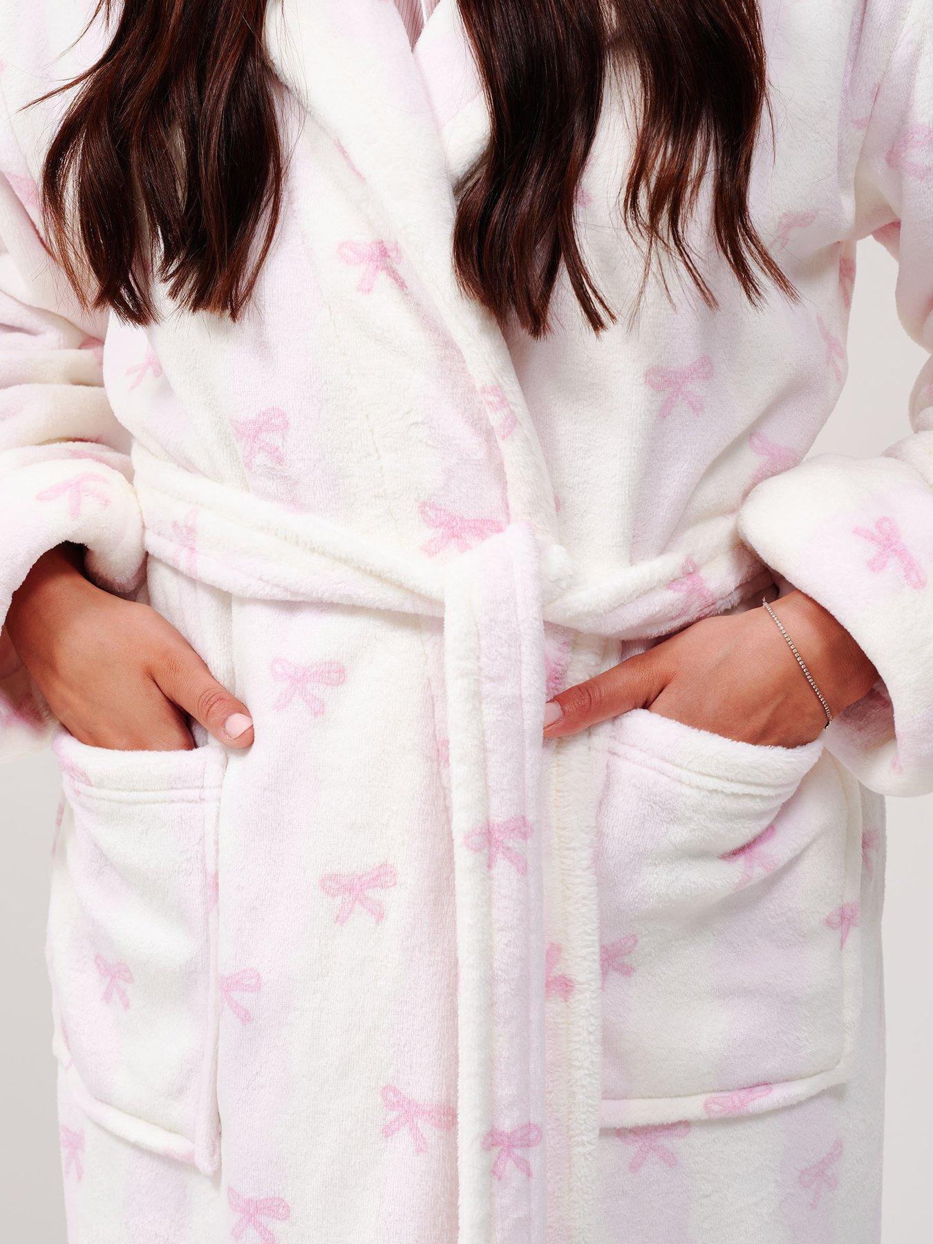Image 5 of 6 of Loungeable Striped Bow Luxury Fleece Midi Hooded Dressing Gown - Pink