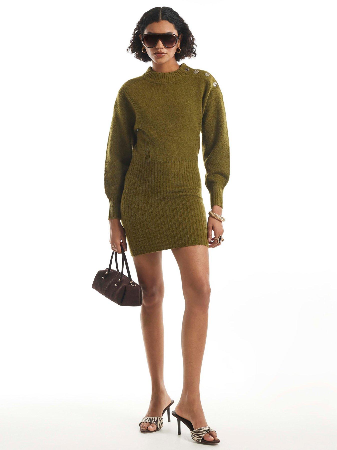 River Island Womens Shoulder Button Ribbed Mini Jumper Dress - Green