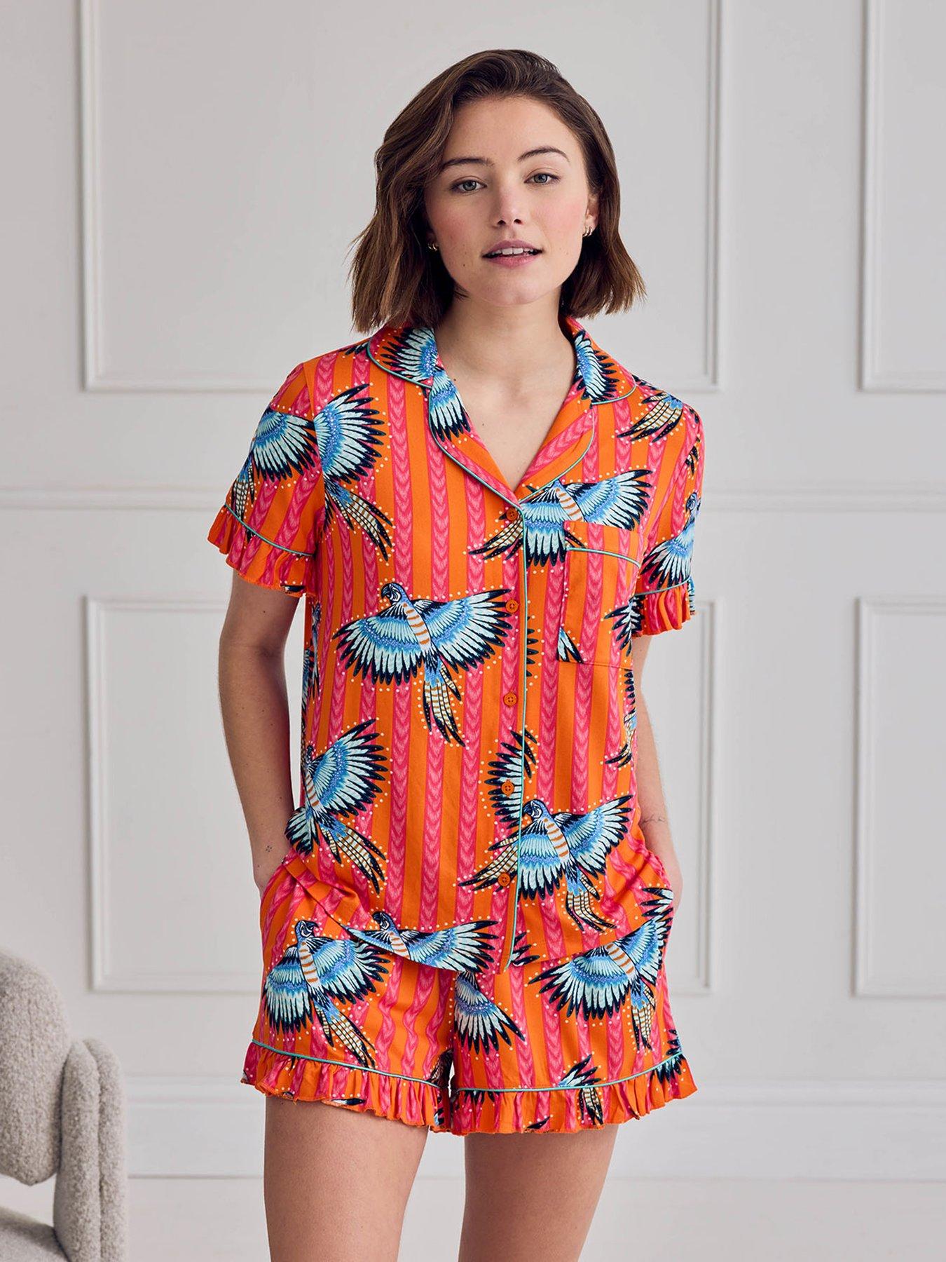 CHELSEA PEERS Chelsea Peers Parrot Stripe Print Frill Short Pyjama Set - Orange