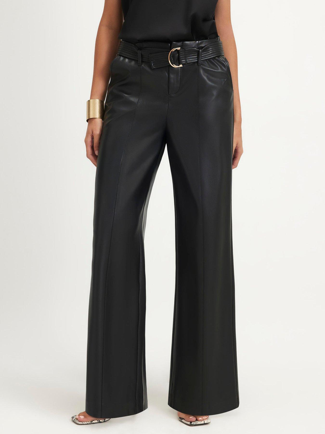 Image 1 of 4 of River Island Womens D-Ring Belted Faux Leather Wide Leg Trousers - Black