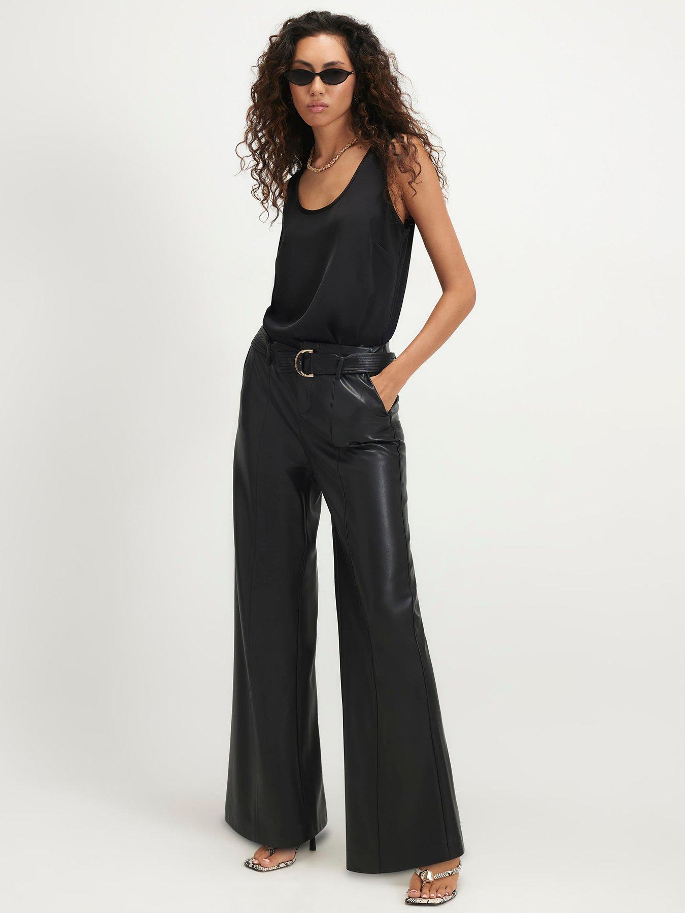Image 3 of 4 of River Island Womens D-Ring Belted Faux Leather Wide Leg Trousers - Black