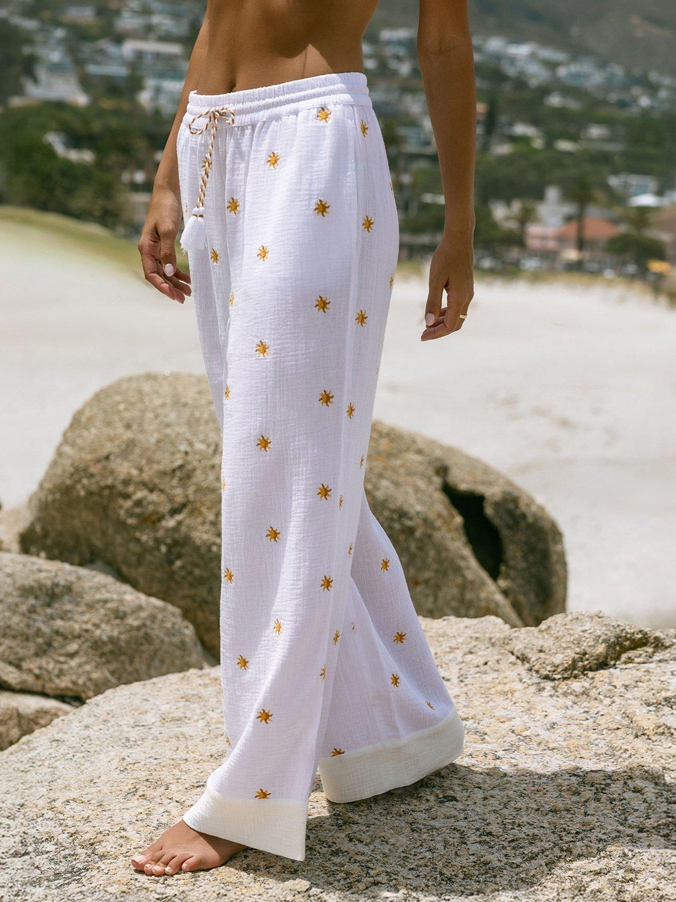 CHELSEA PEERS Chelsea Peers Cotton Cheesecloth Embroidered Sunburst Trousers - White