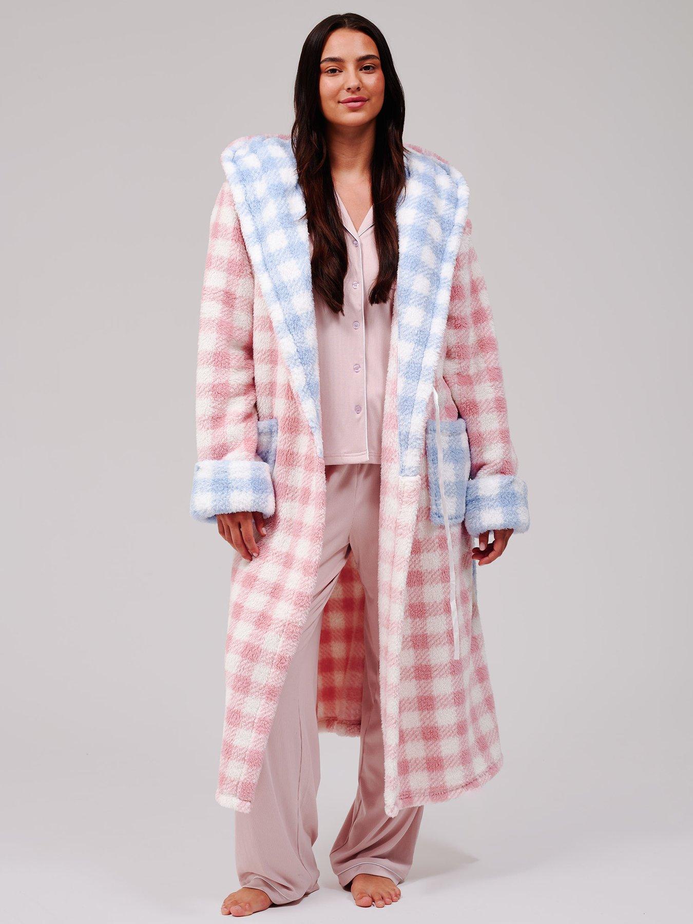 Image 1 of 5 of Loungeable Sherpa Contrast Gingham Hooded Midi Robe - Multi