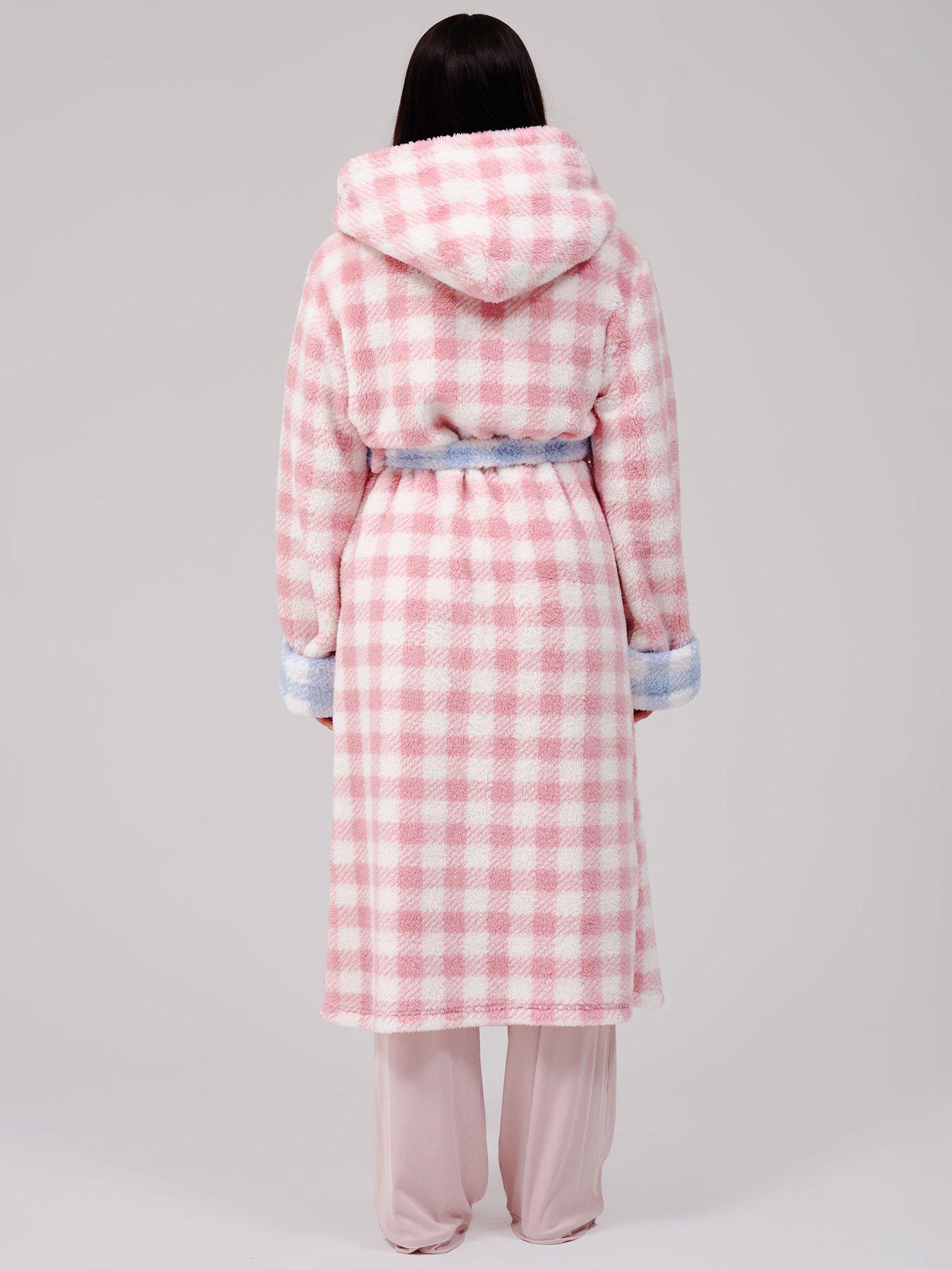 Image 2 of 5 of Loungeable Sherpa Contrast Gingham Hooded Midi Robe - Multi