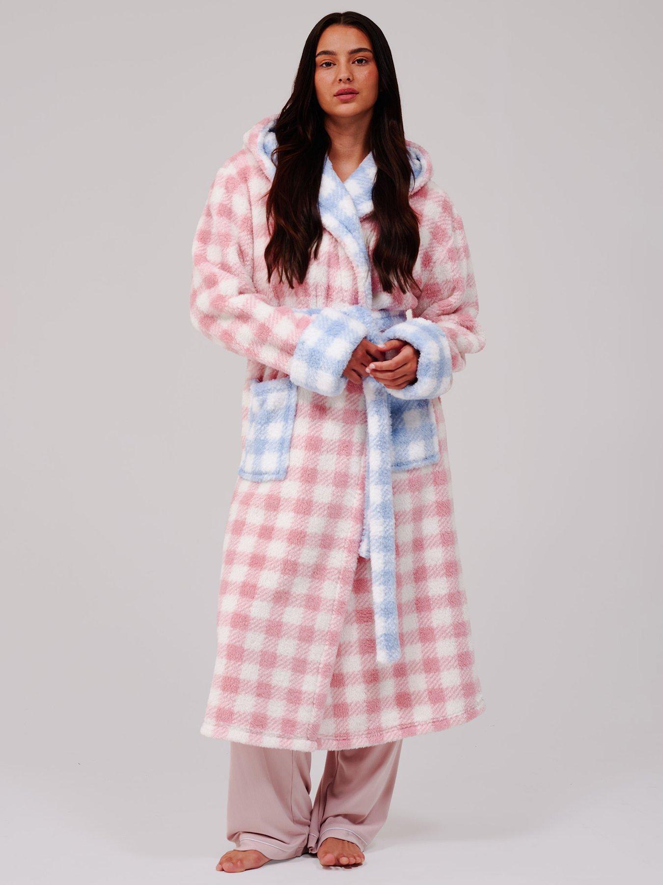 Image 3 of 5 of Loungeable Sherpa Contrast Gingham Hooded Midi Robe - Multi