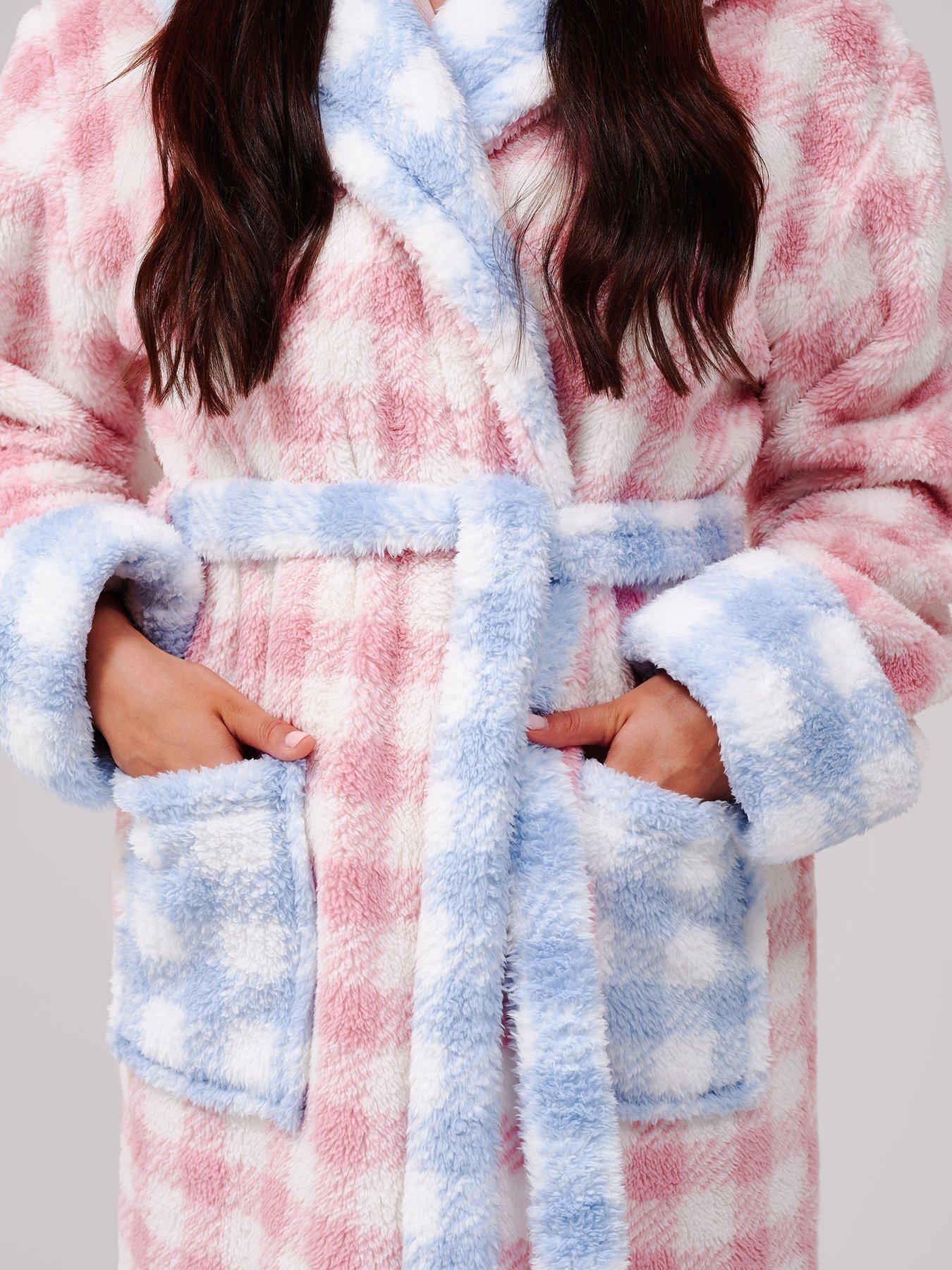 Image 5 of 5 of Loungeable Sherpa Contrast Gingham Hooded Midi Robe - Multi
