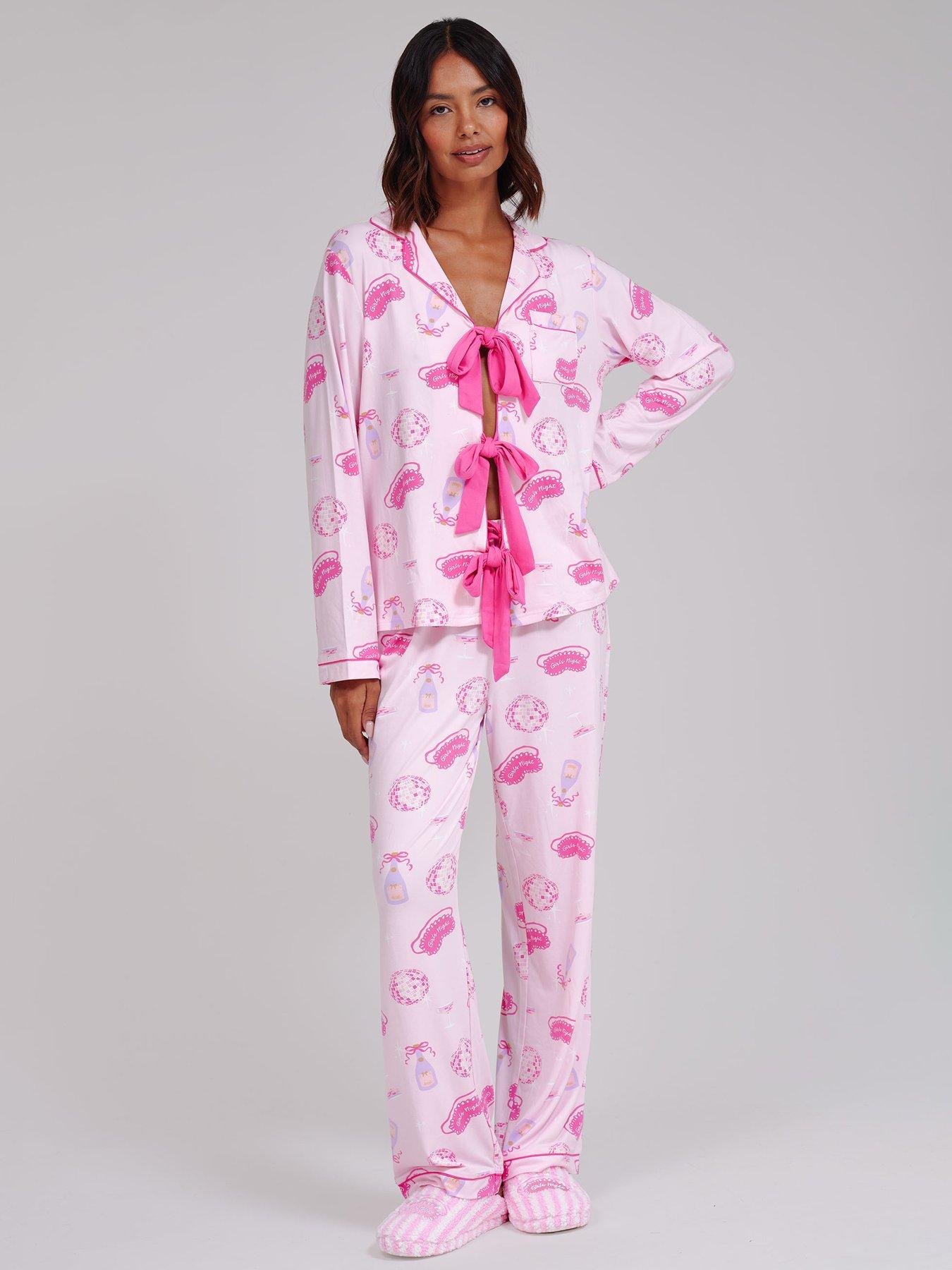 Image 1 of 5 of Loungeable Night Super Soft Long Sleeve Tie Front Pyjama Set - Pink