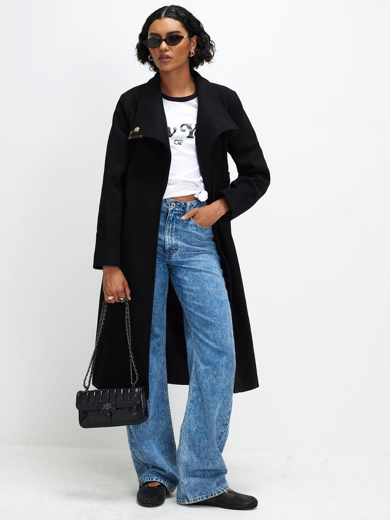 River Island Womens Longline Belted Wrap Dressing Gown Coat - Black