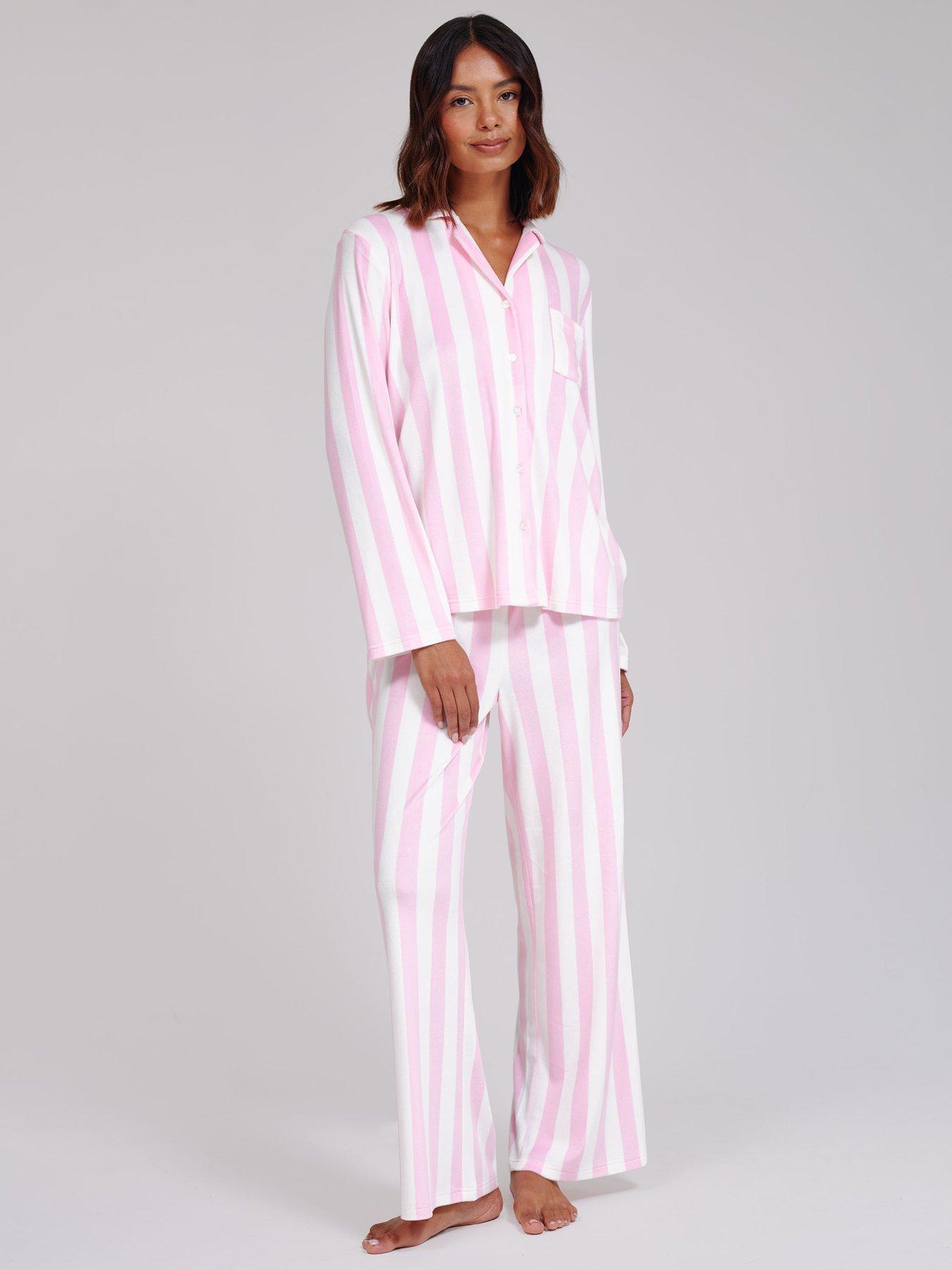 Image 1 of 5 of Loungeable Womens Stripe Velour Button-Down Pyjama Set - Pink