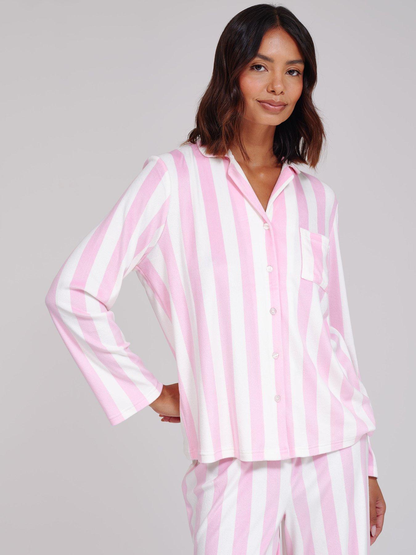 Image 3 of 5 of Loungeable Womens Stripe Velour Button-Down Pyjama Set - Pink