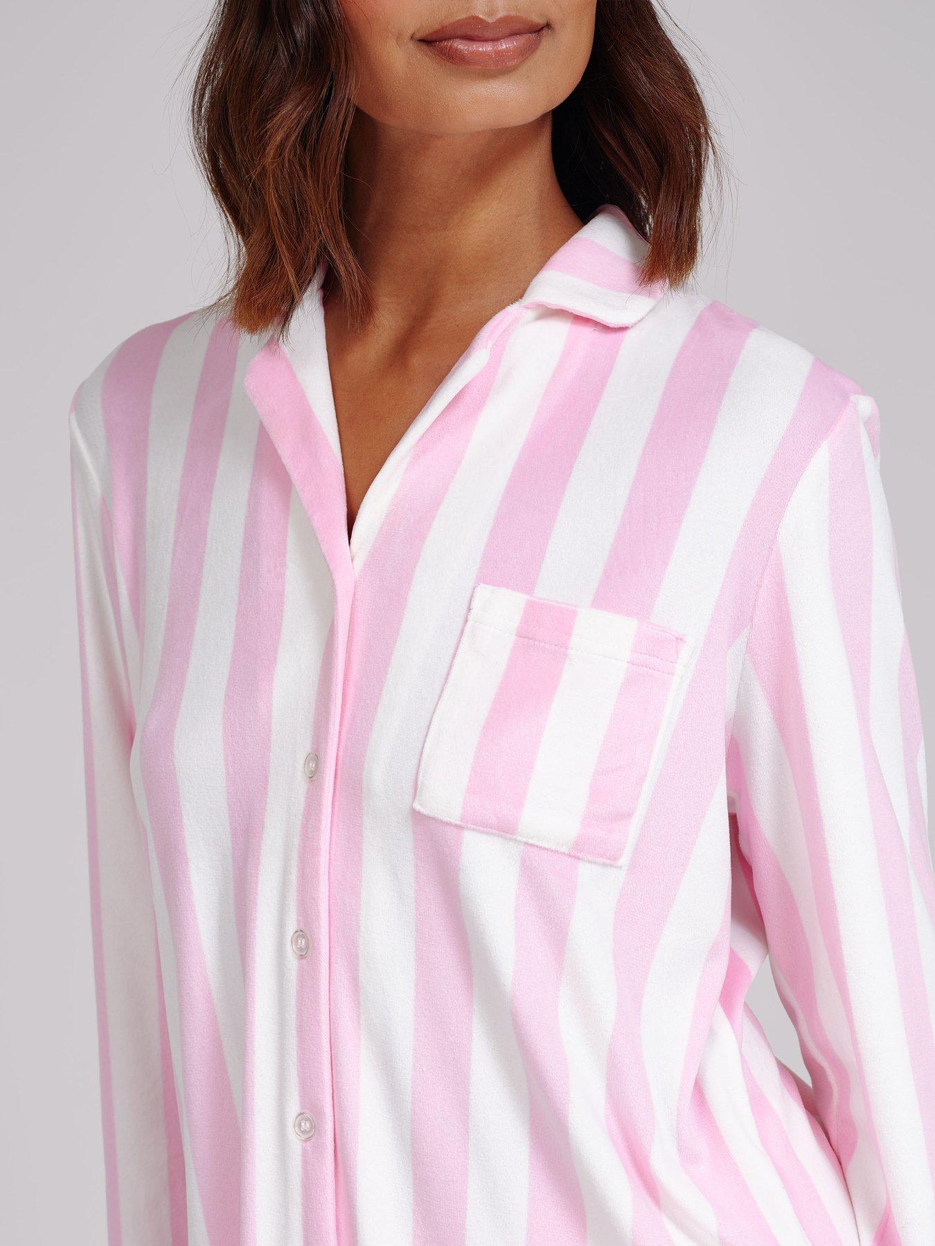 Image 4 of 5 of Loungeable Womens Stripe Velour Button-Down Pyjama Set - Pink