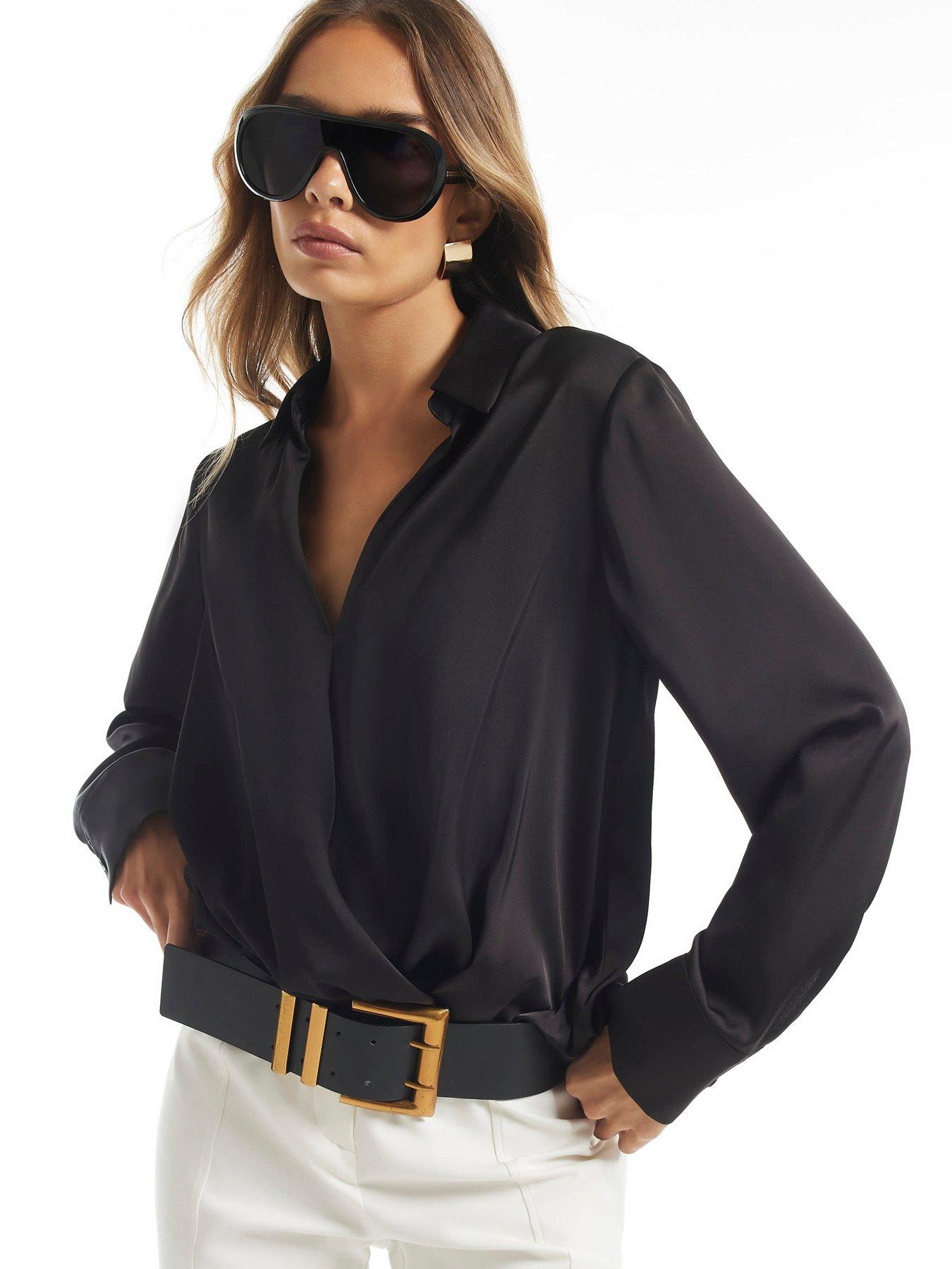River Island Womens Wrap Front V-Neck Long Sleeve Blouse - Black