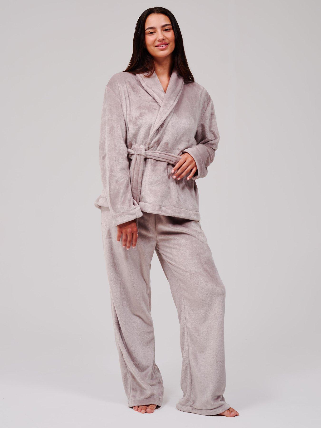 Image 1 of 6 of Loungeable Flannel Fleece Shawl Collar Wrap Robe &amp; Straight Leg Trousers Lounge Set - Beige