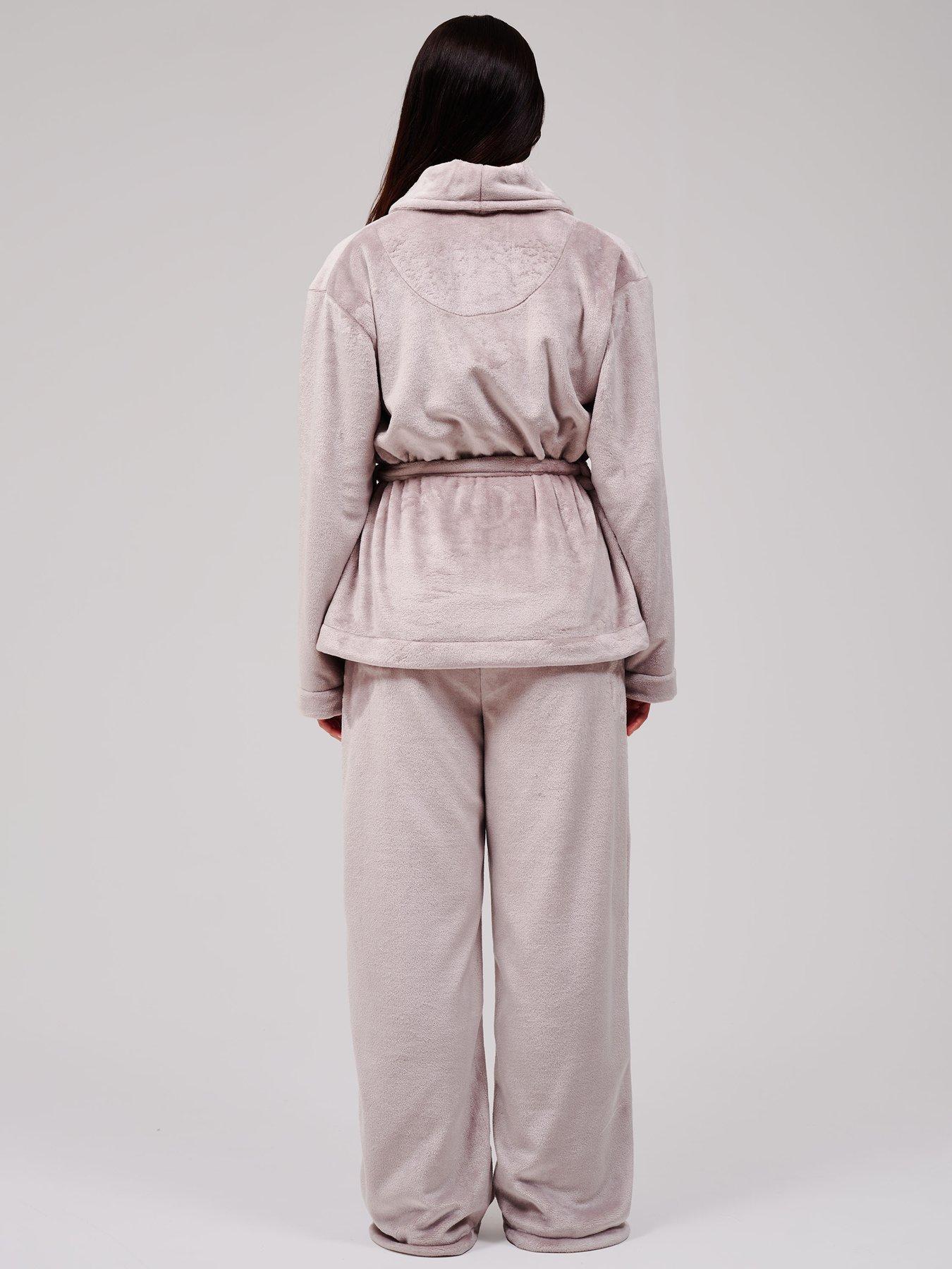 Image 2 of 6 of Loungeable Flannel Fleece Shawl Collar Wrap Robe &amp; Straight Leg Trousers Lounge Set - Beige